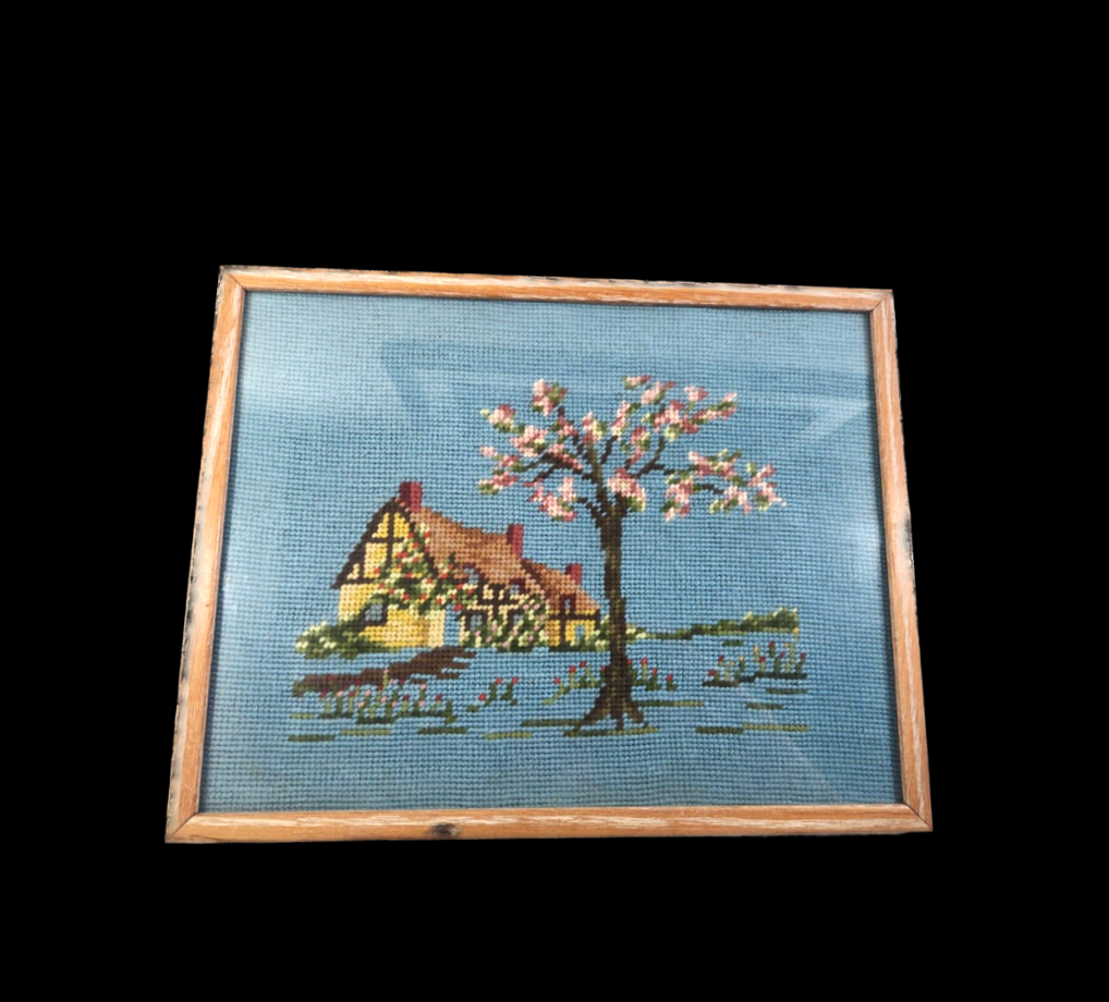 Vintage Cottage Framed Needlepoint
