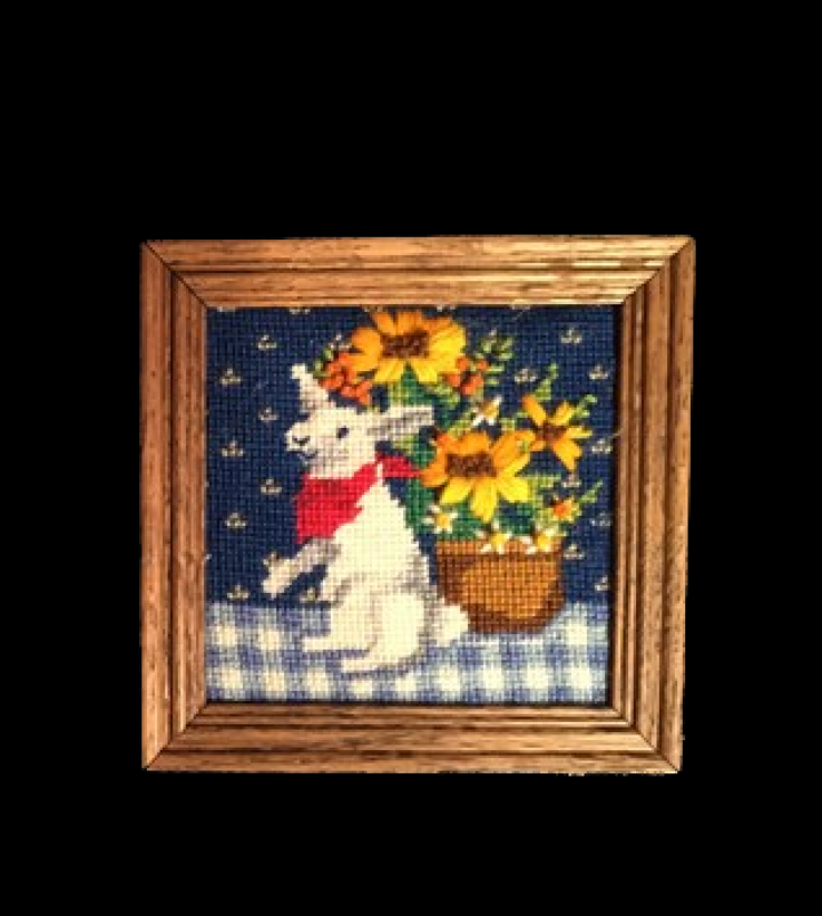 Vintage Bunny Rabbit with Sunflowers Framed Needlepoint