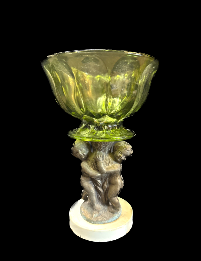 Vintage Green Glass Cherub Pedestal Dish