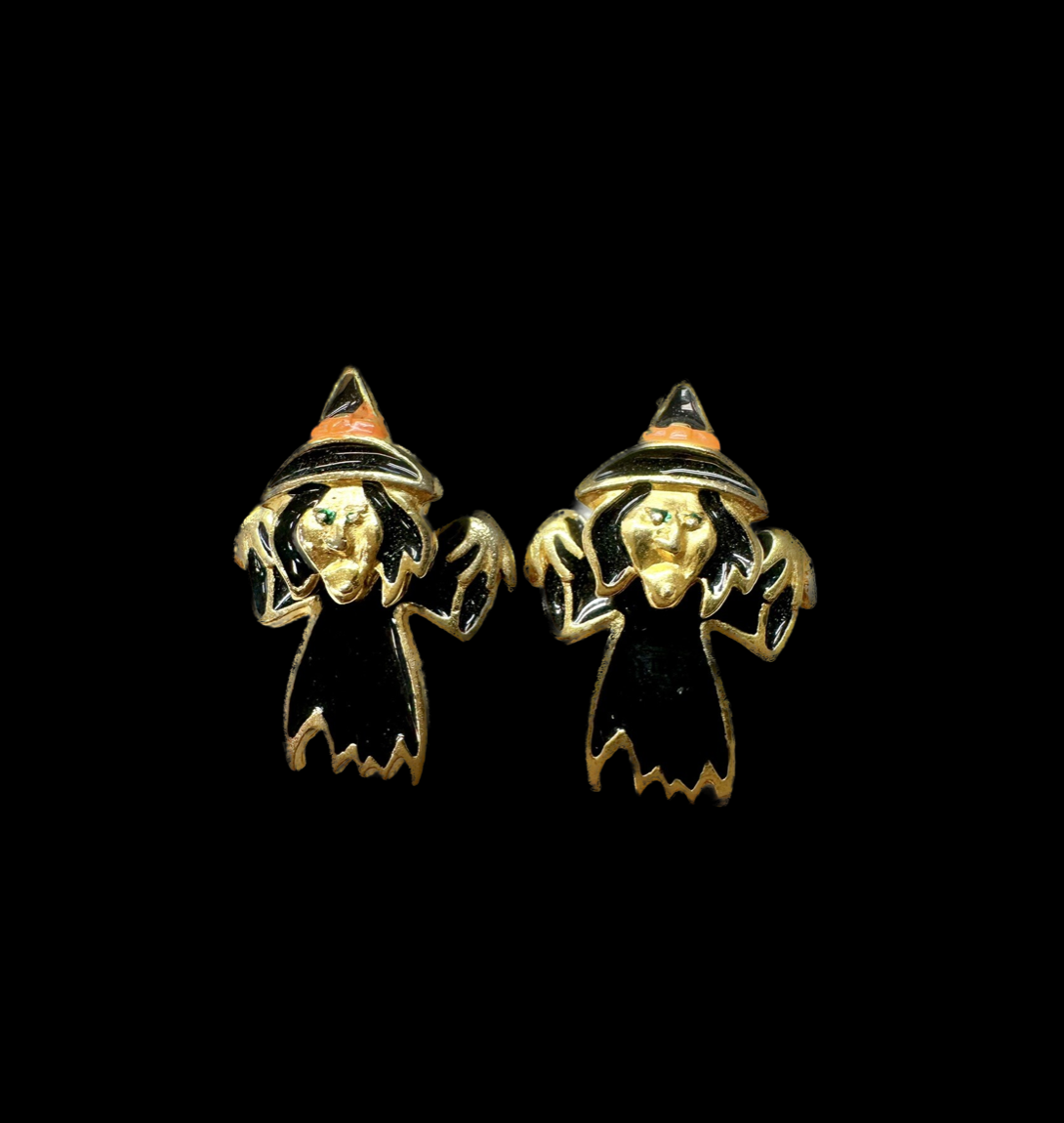 Vintage Gold Tone Enamel Witch Earrings