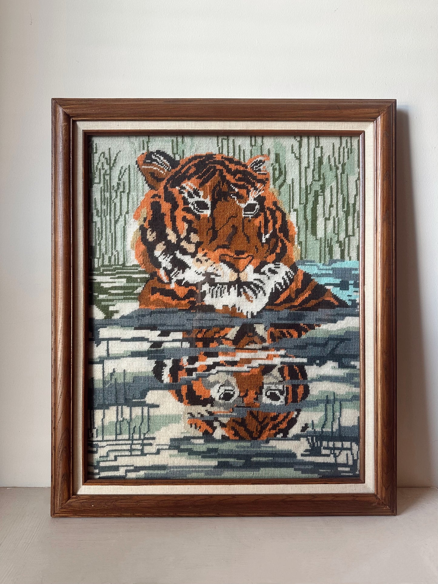Vintage Tiger Reflection Framed Needlepoint