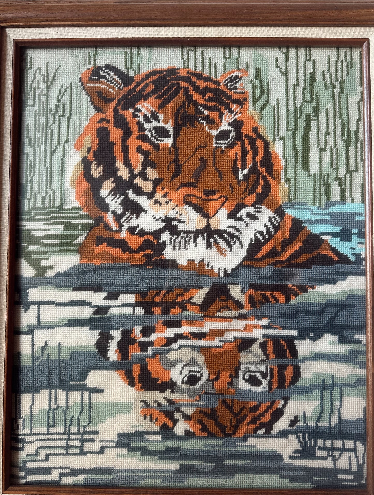 Vintage Tiger Reflection Framed Needlepoint