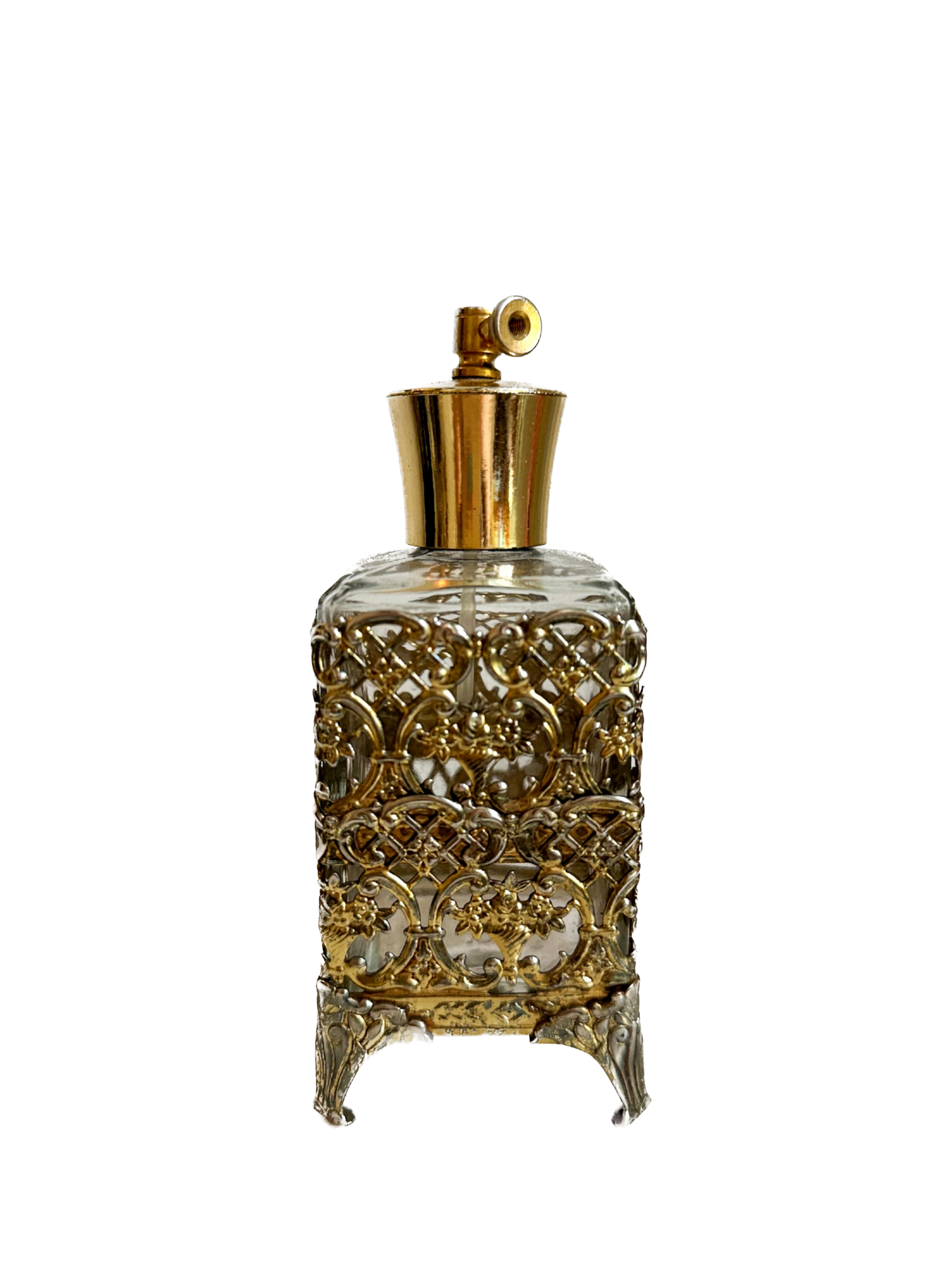 Vintage Perfume Bottle with Ornate Brass Filigree Cage