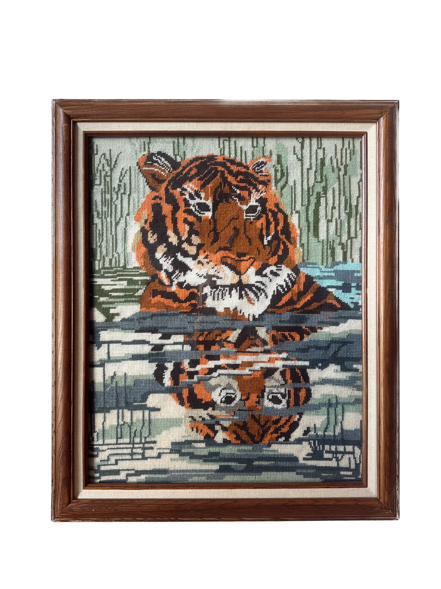 Vintage Tiger Reflection Framed Needlepoint