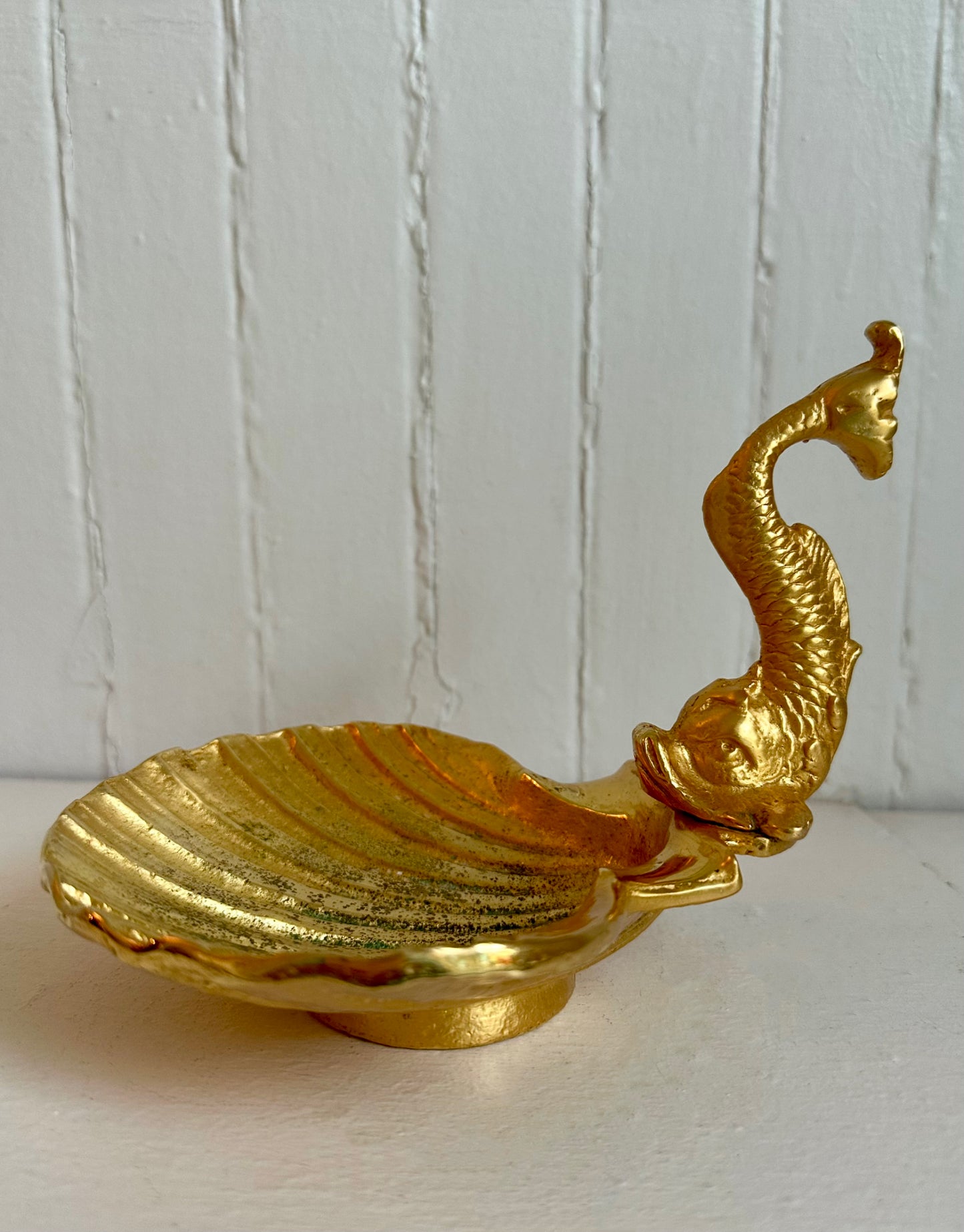 Vintage Gold Brass Koi Fish & Clam Shell Dish