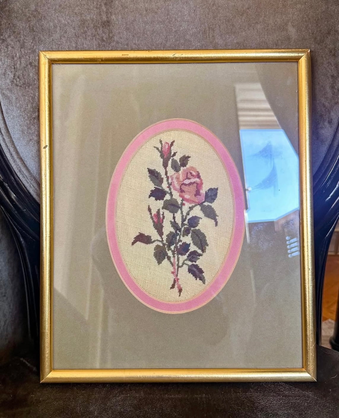 Vintage Rose Framed Needlepoint