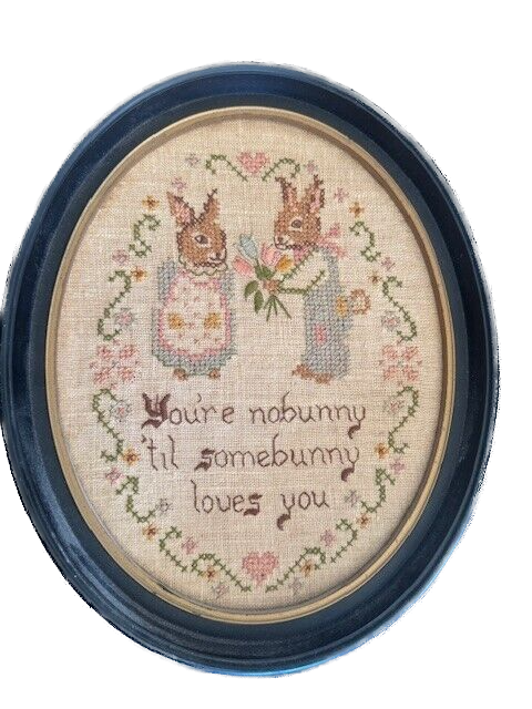 Vintage Framed Bunny Love Needlepoint