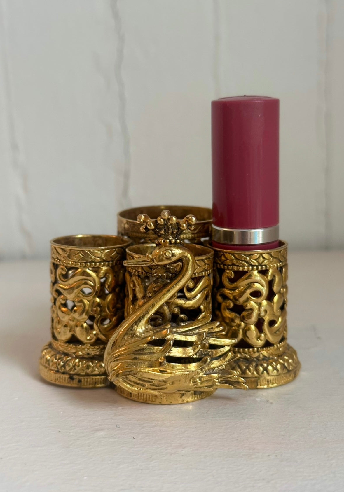 Vintage Gold Swan Lipstick Holder