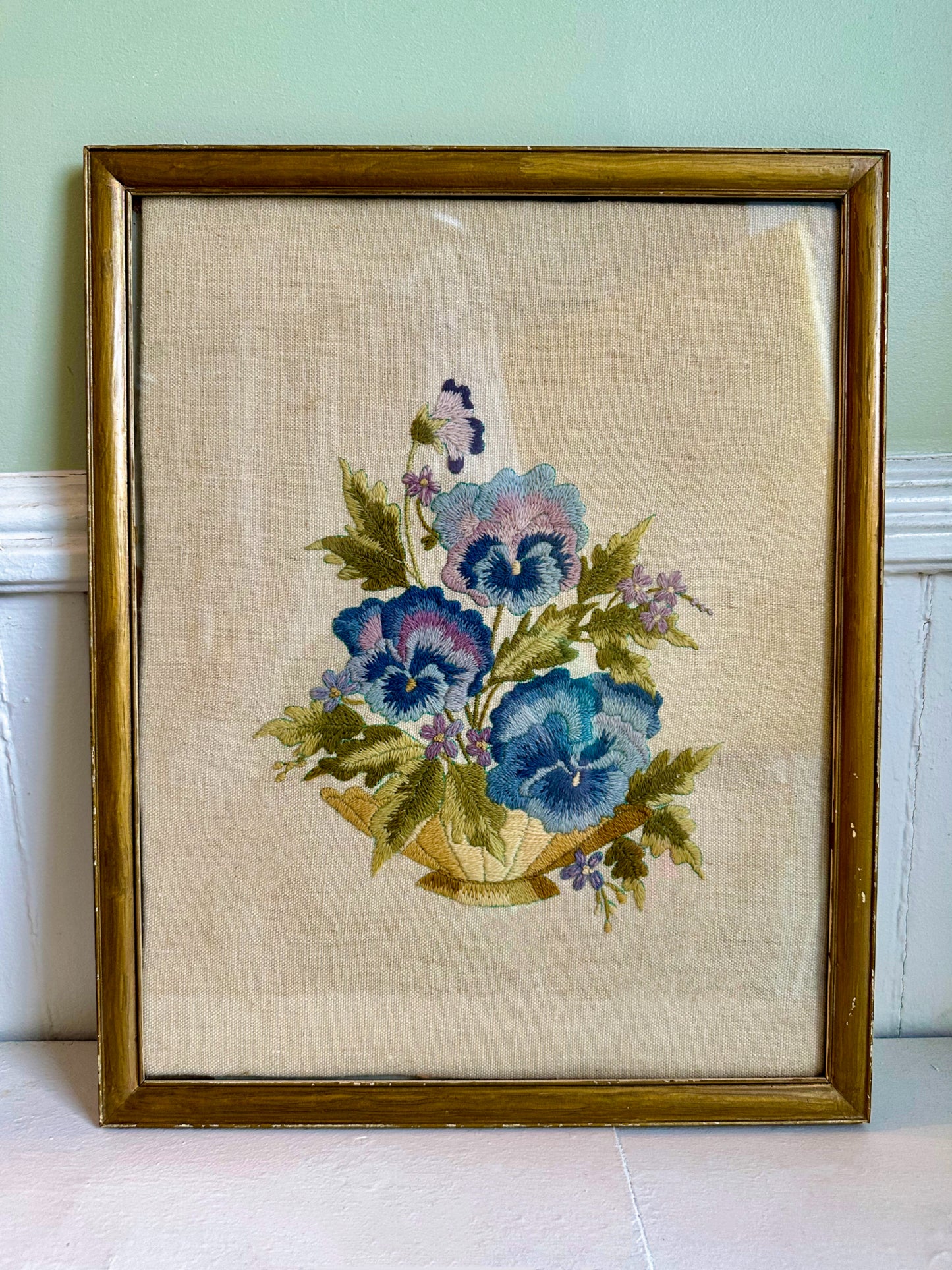 Vintage Pansies Framed Needlepoint