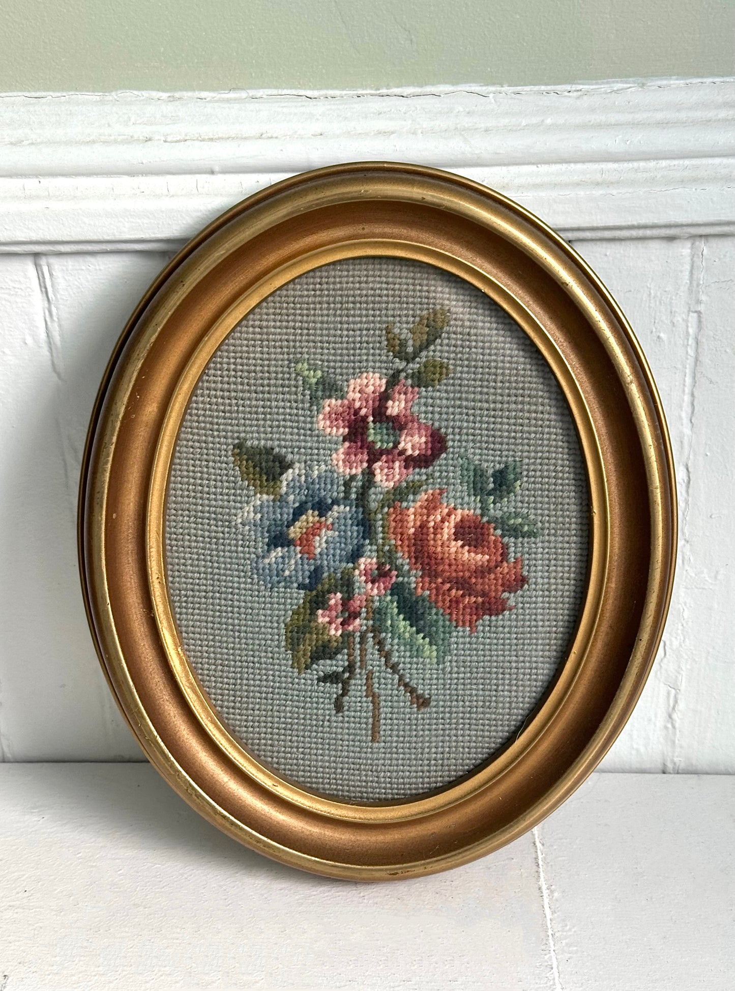 Vintage Floral Oval Framed Needlepoint