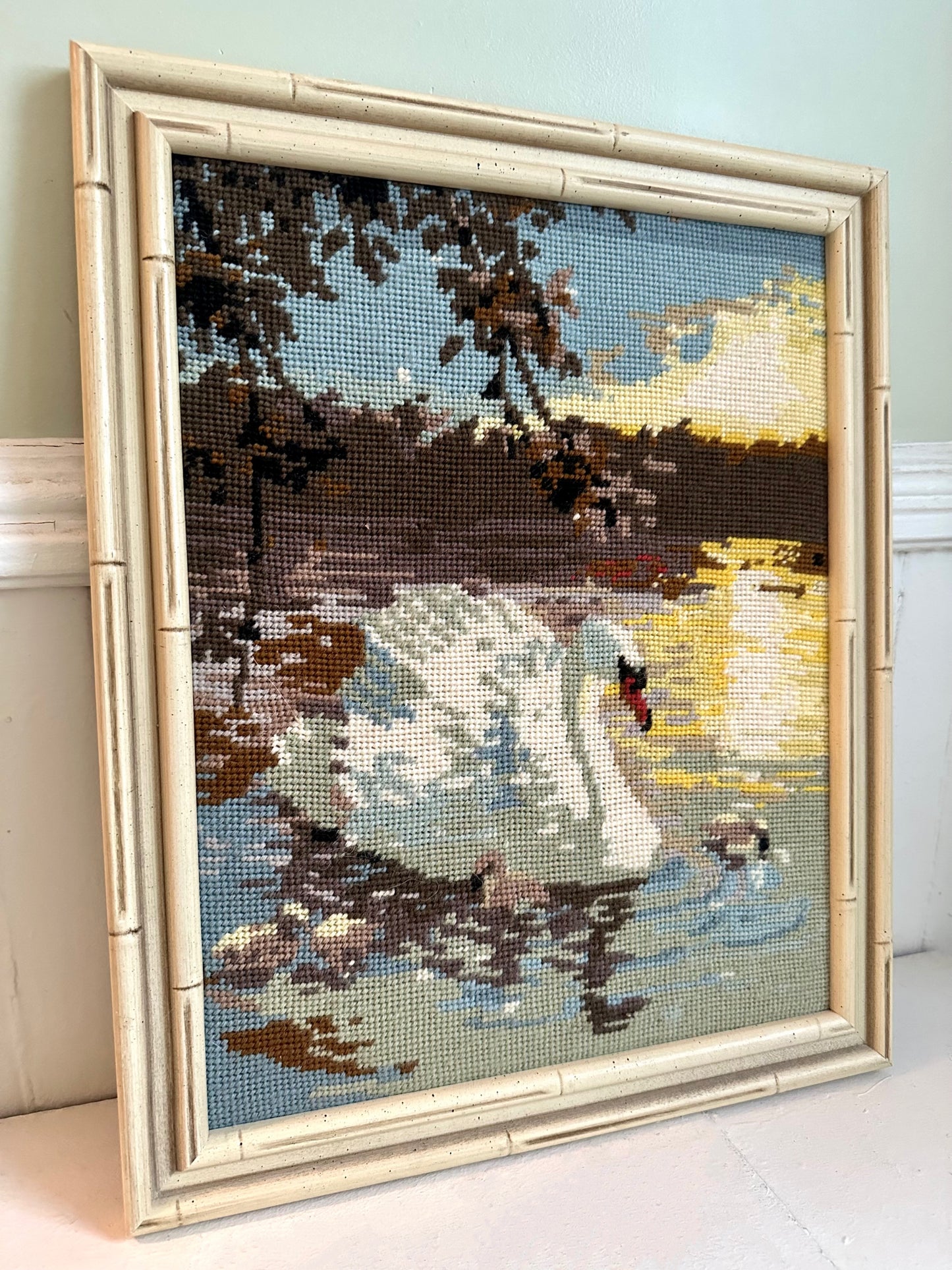 Vintage Swan Needlepoint in White Bamboo Frame