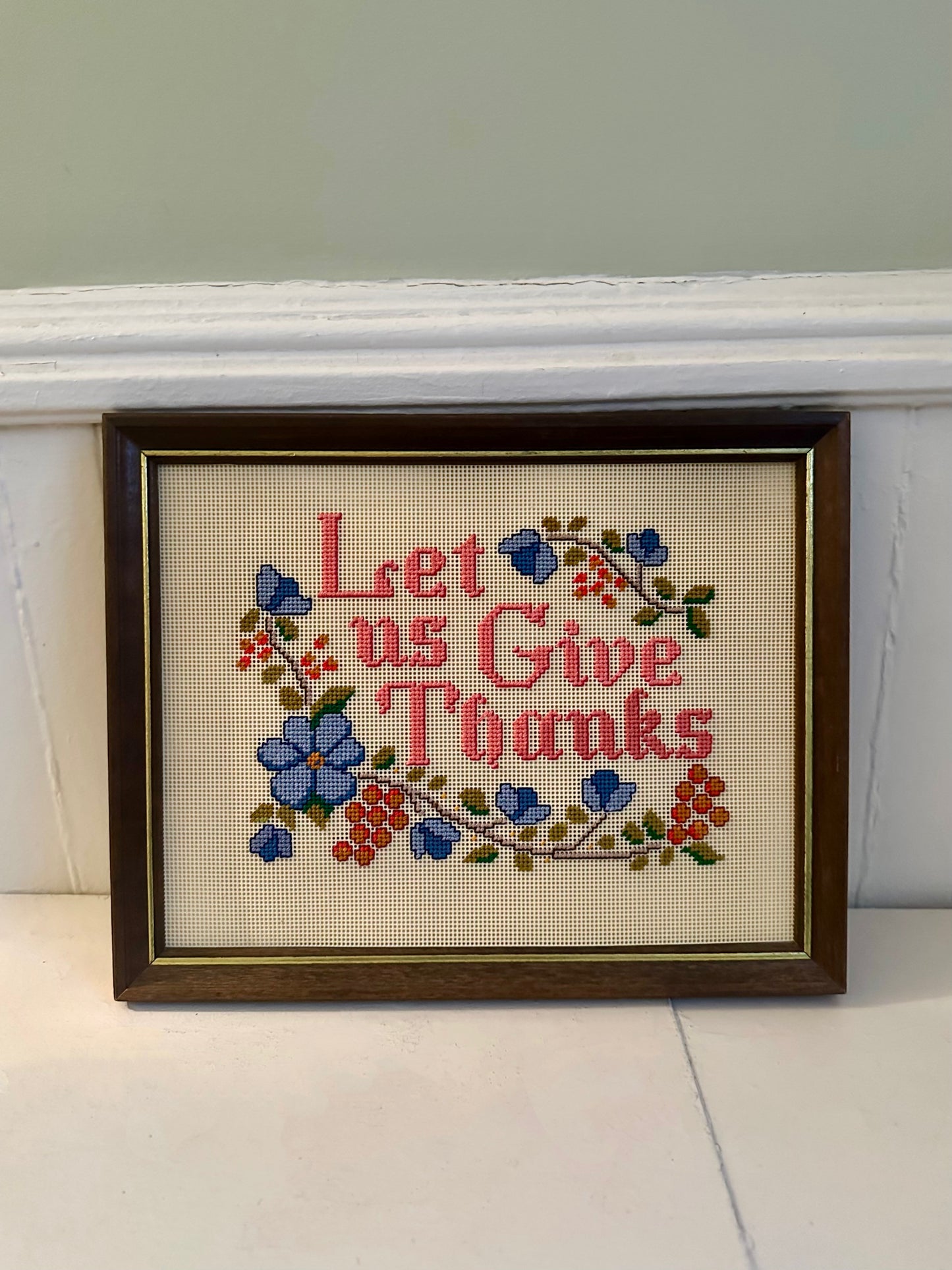 Vintage "Let Us Give Thanks" Framed Needlepoint