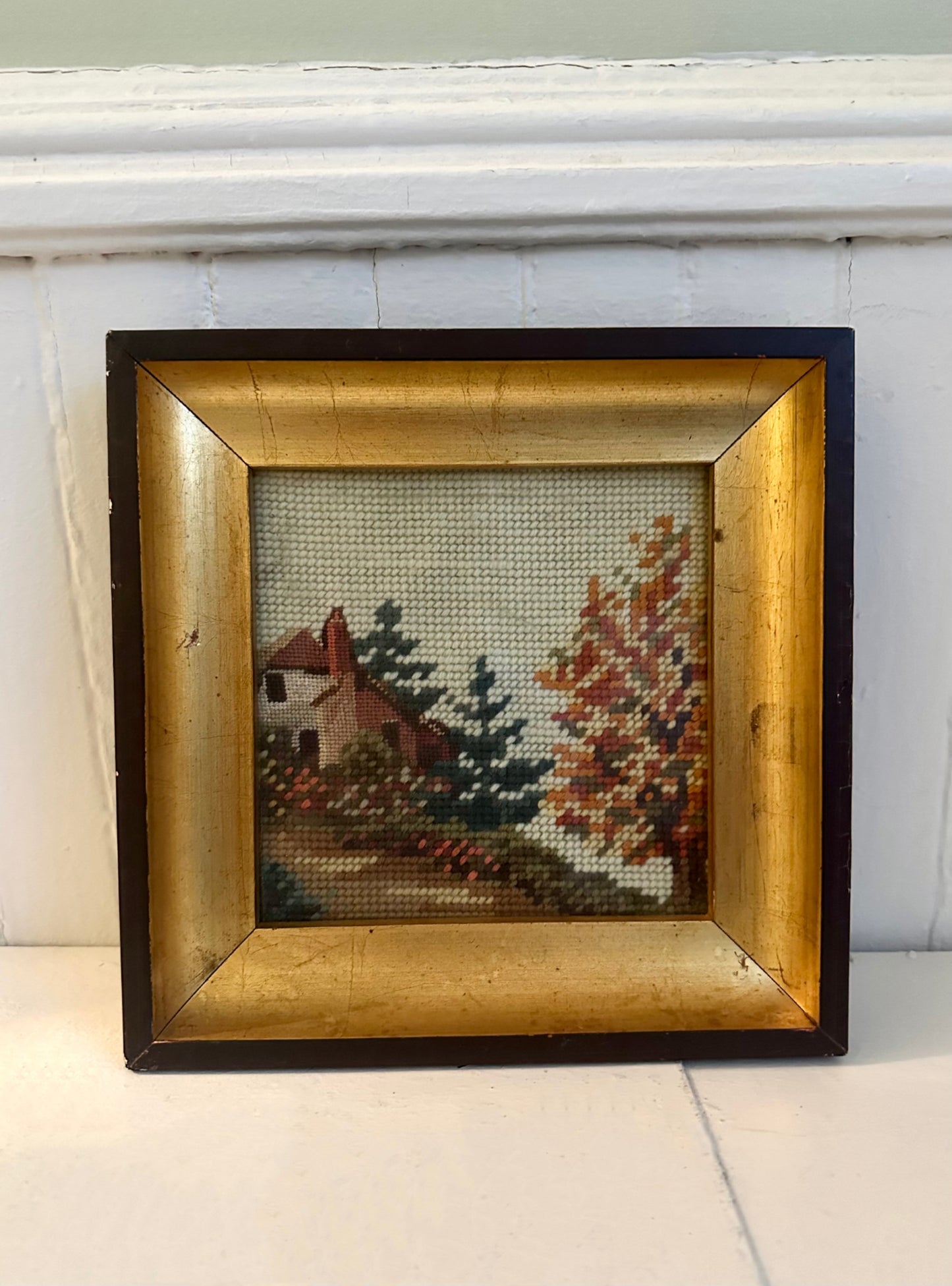 Vintage Fall Scene Needlepoint in Gold Frame