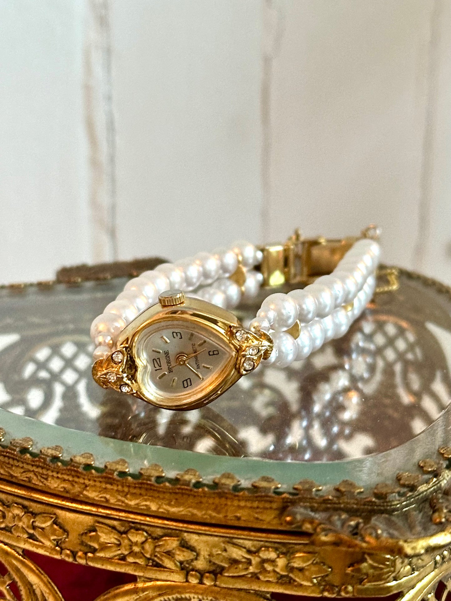 Vintage Gold Heart Watch with Double Strand Pearl Band