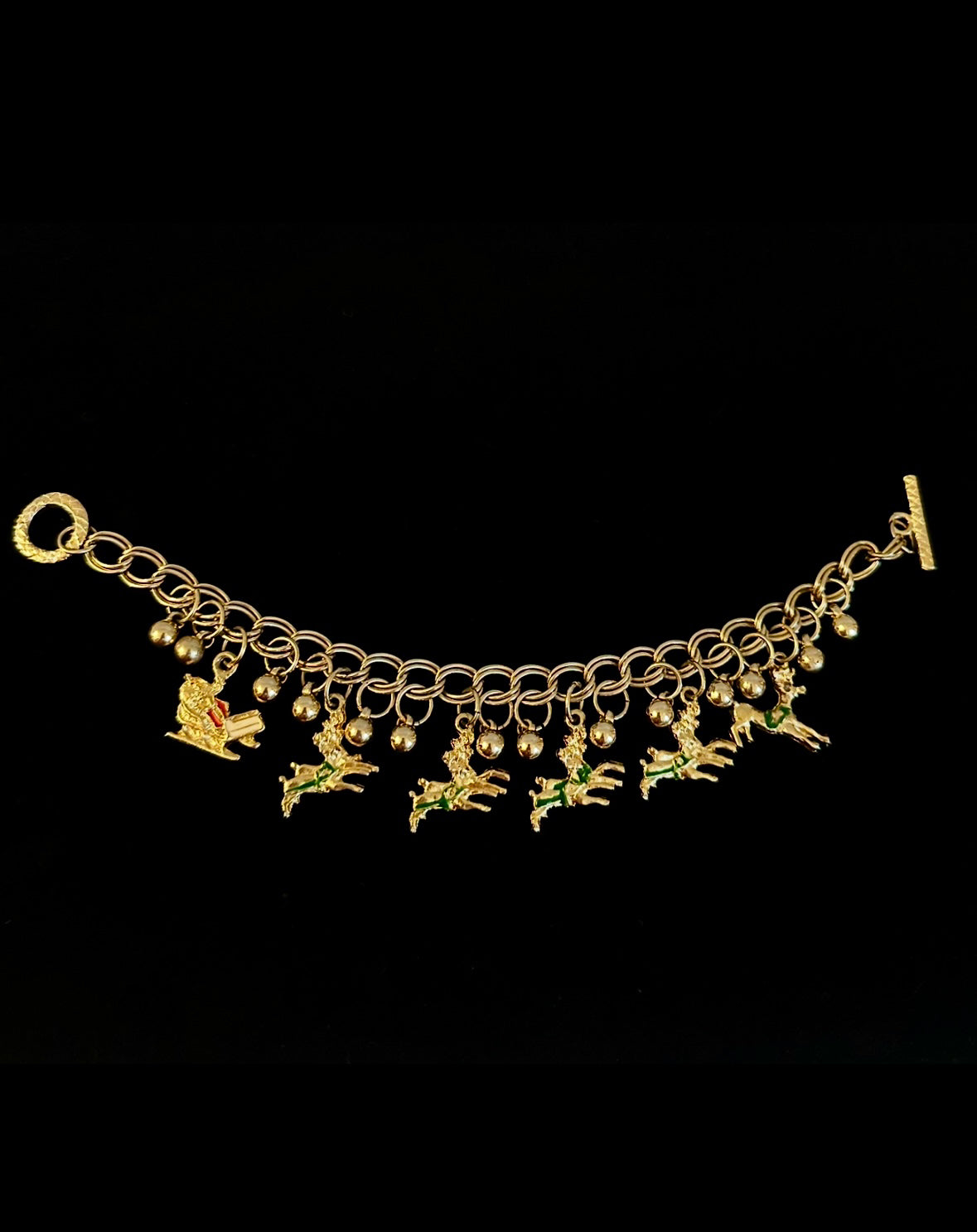 Vintage Gold Santa Claus with Reindeer Charm Bracelet