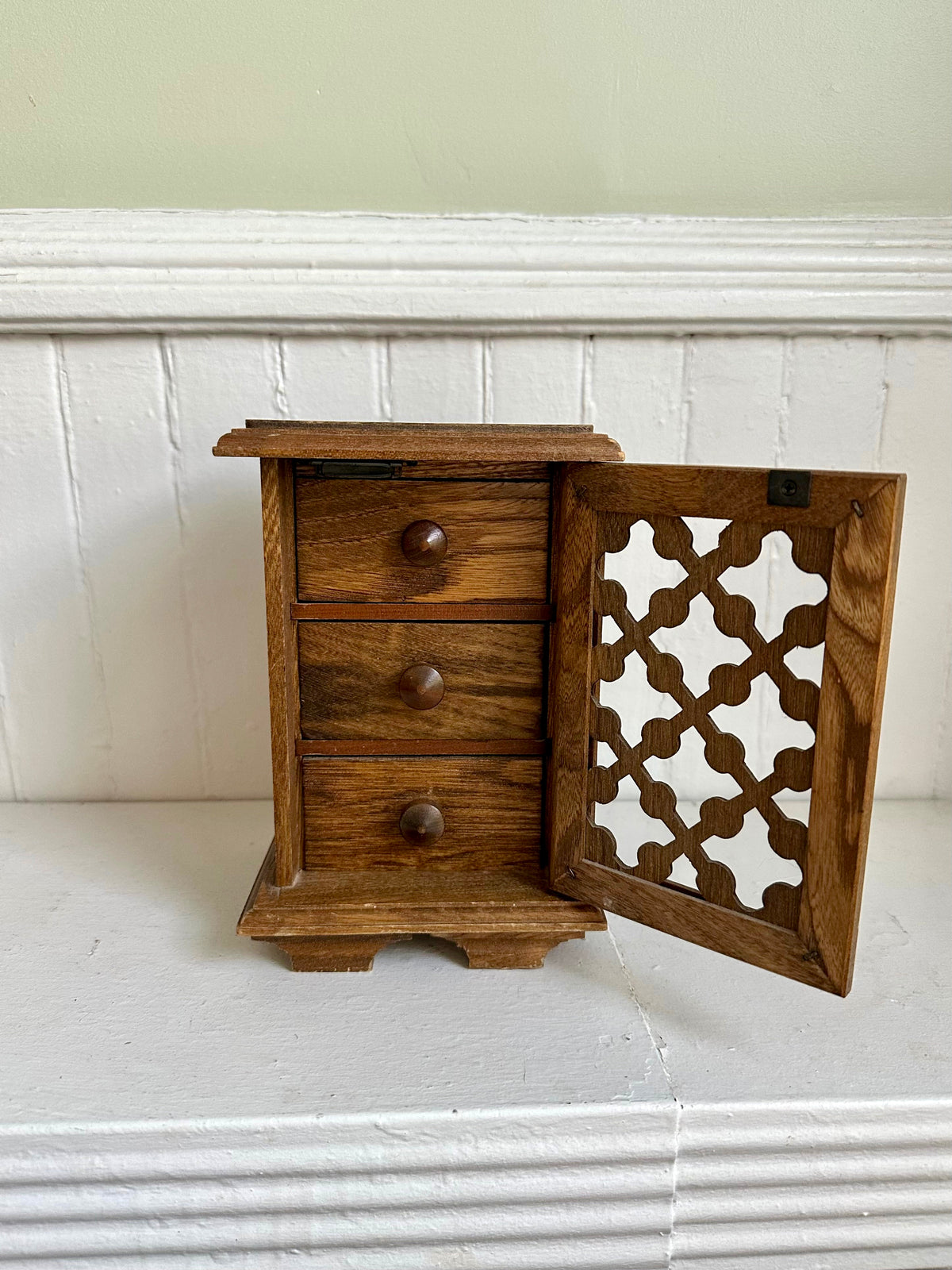 Vintage Mini Wood Jewelry Box with Door