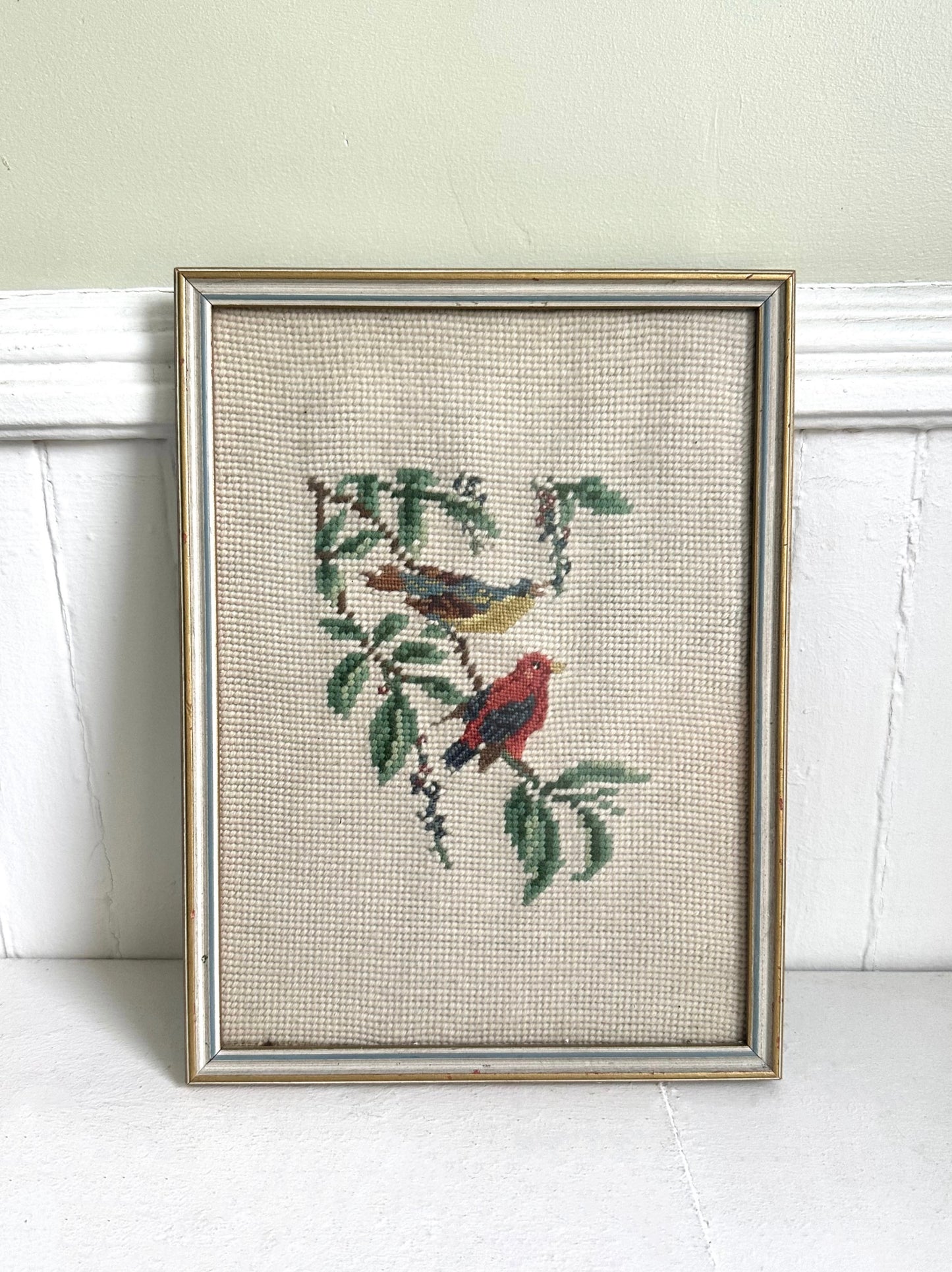 Vintage Birds on a Tree Branch Framed Needlepoint