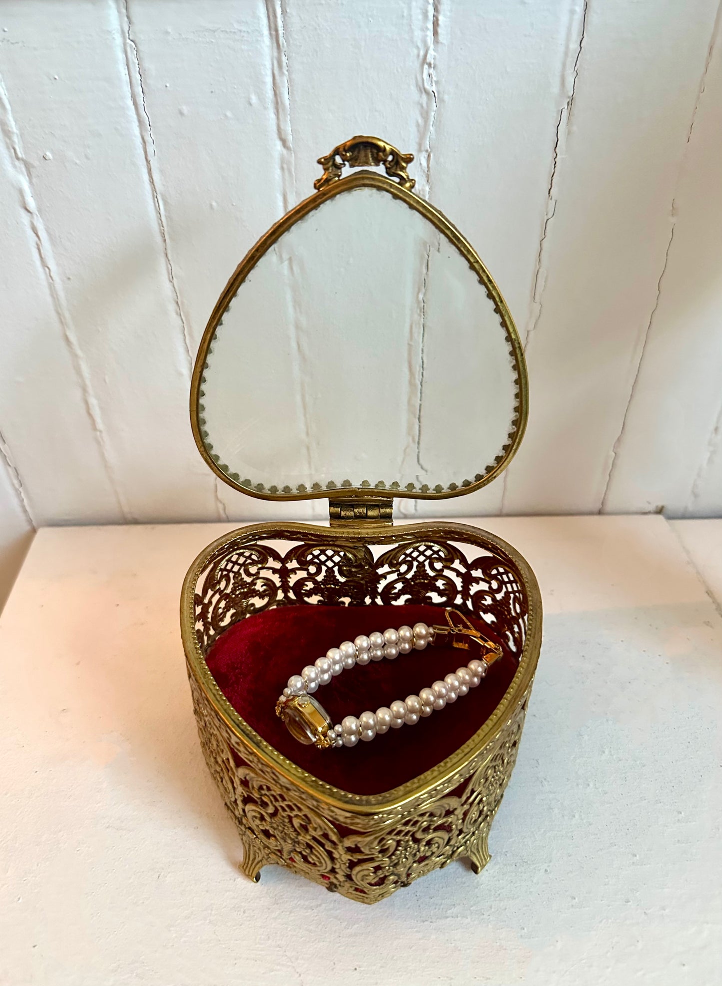 Vintage Gold Heart Watch with Double Strand Pearl Band