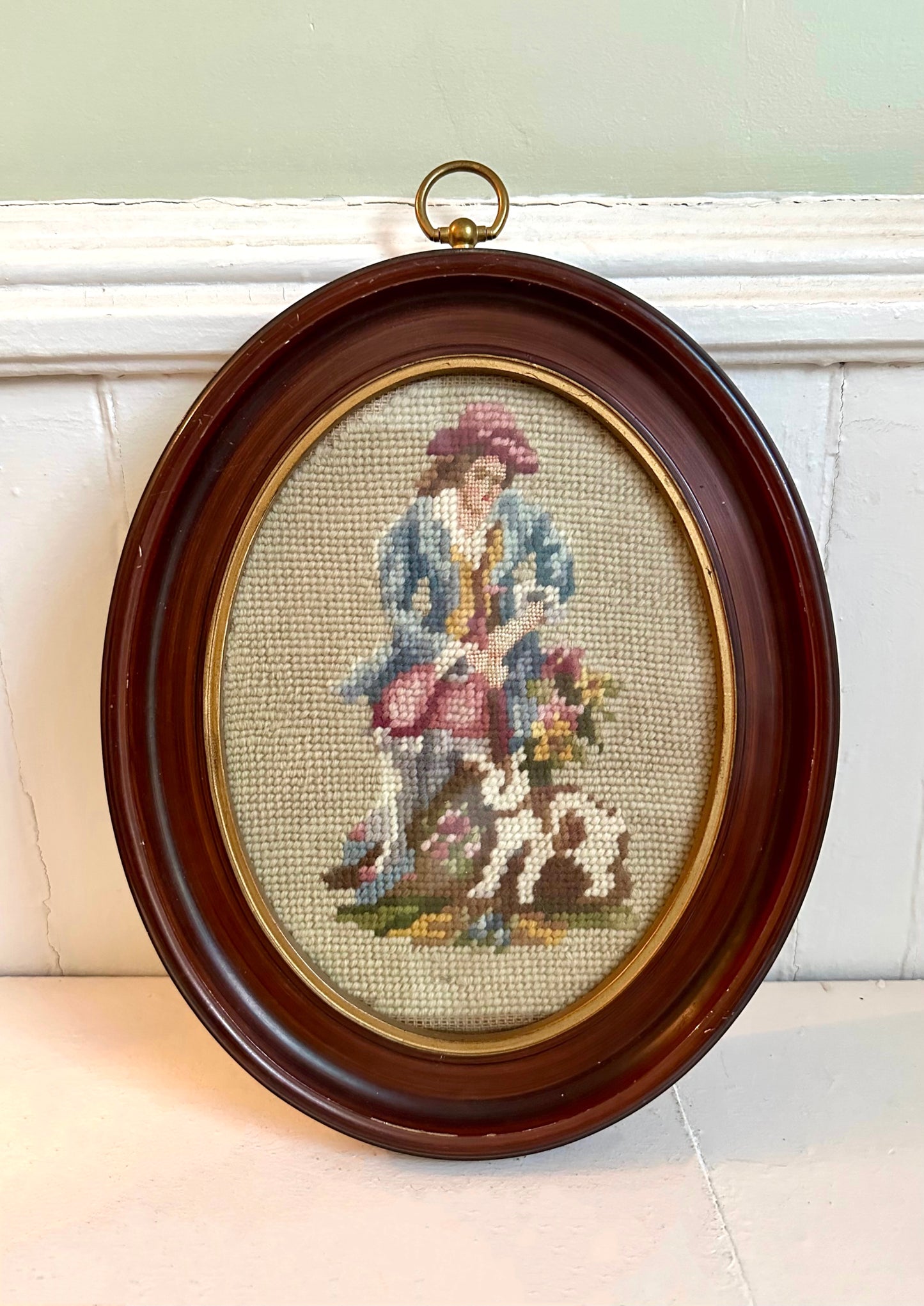 Vintage Victorian Man with Dog Framed Needlepoint