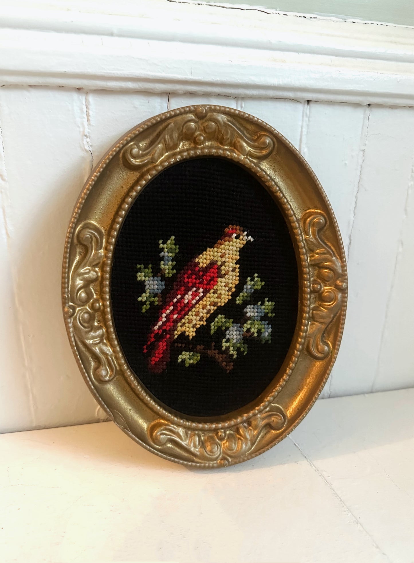 Vintage Bird Needlepoint in Gold Frame