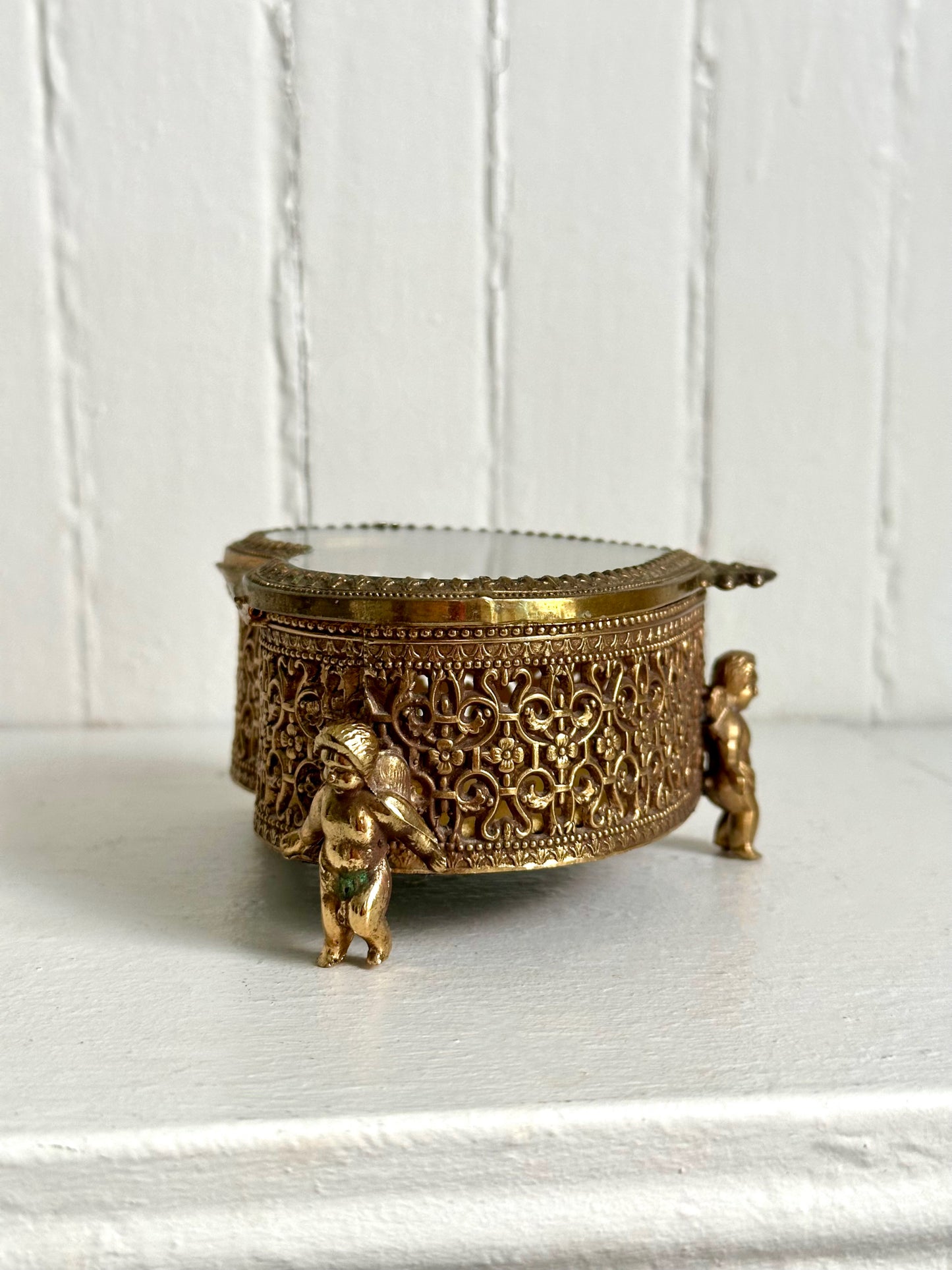 Vintage Gold Heart Trinket / Jewelry Box with Cherubs