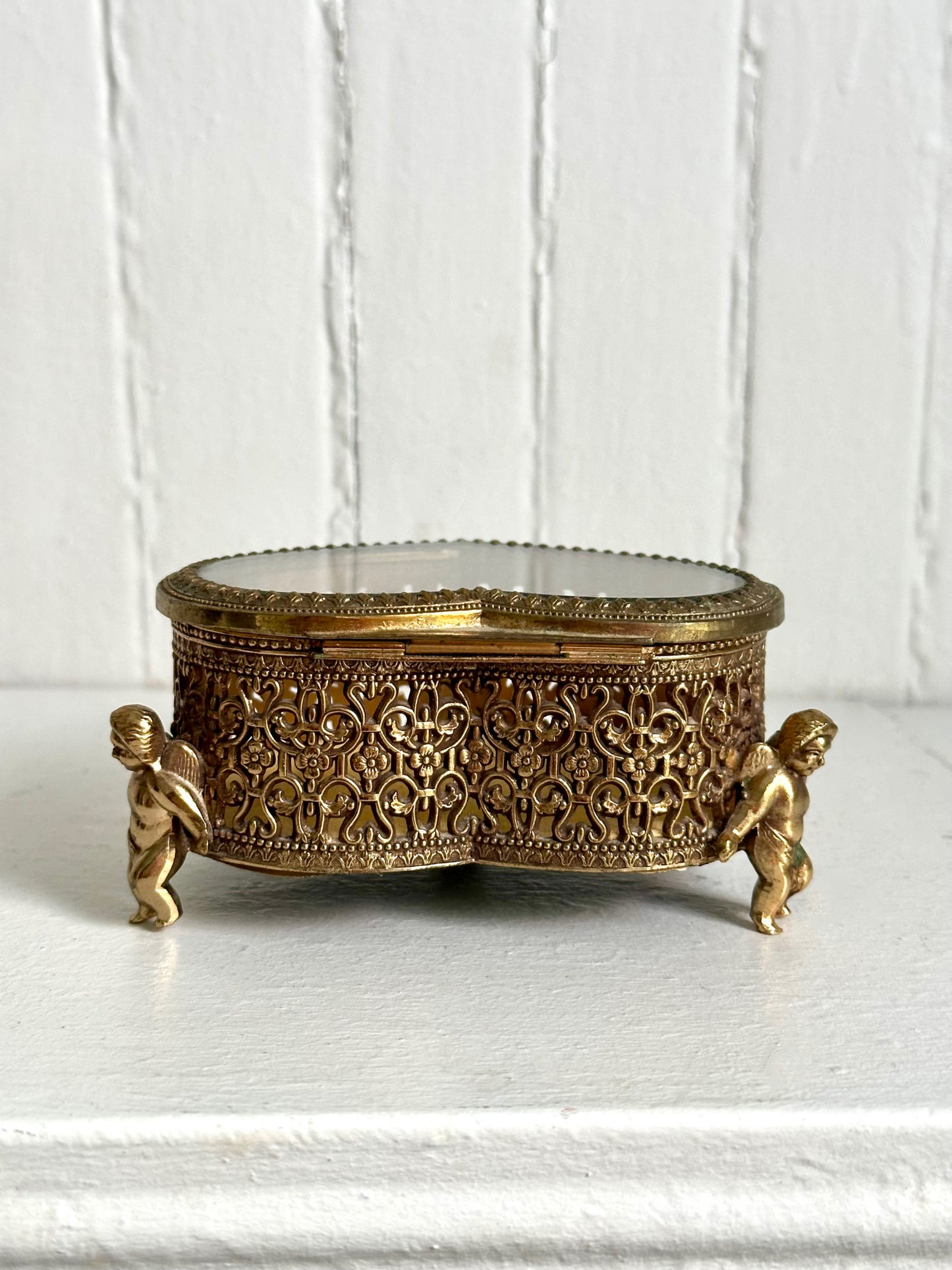 Vintage Gold Heart Trinket / Jewelry Box with Cherubs