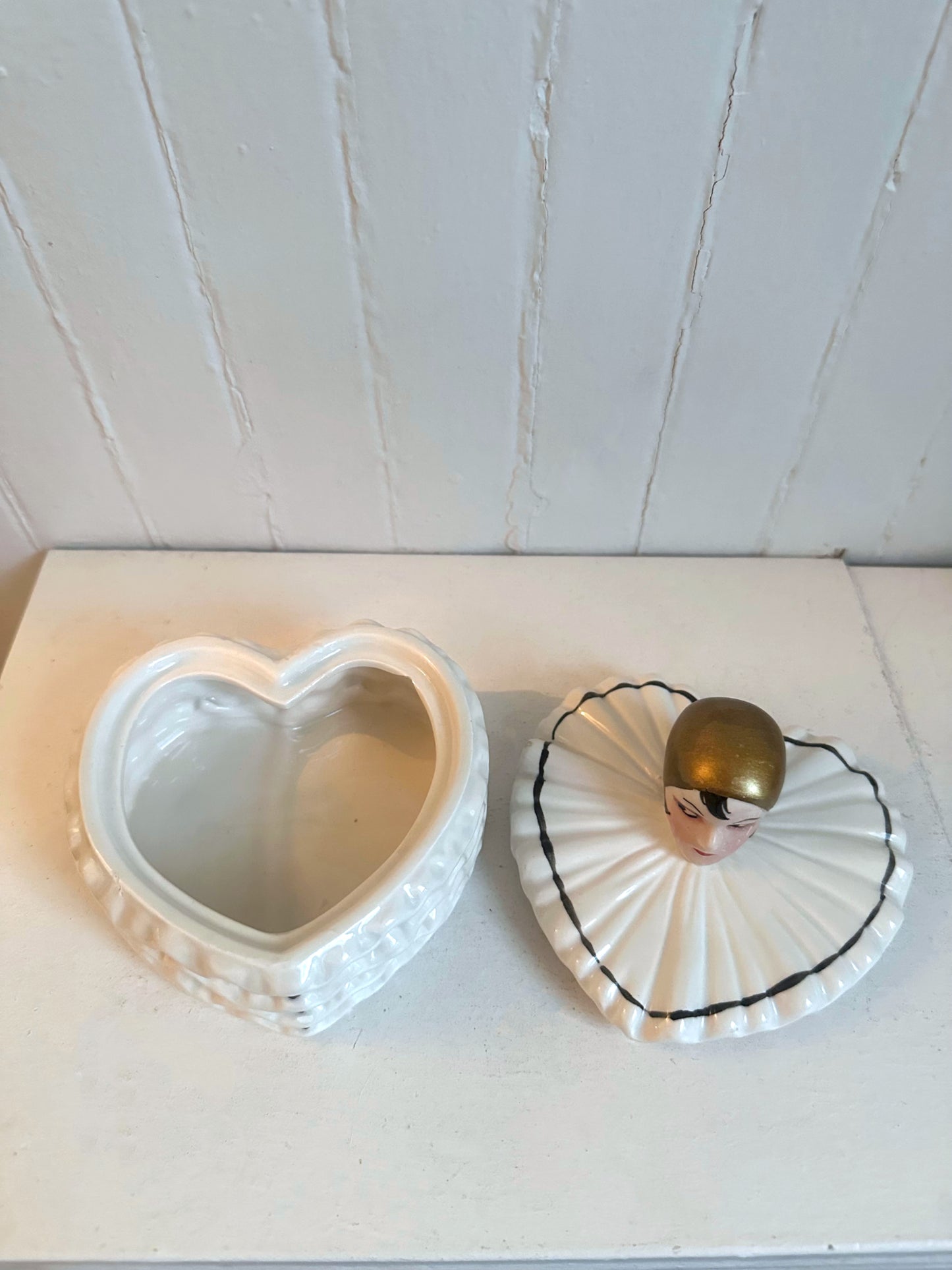 Vintage "MANN" Pierrette Clown Heart Shaped Ceramic Box
