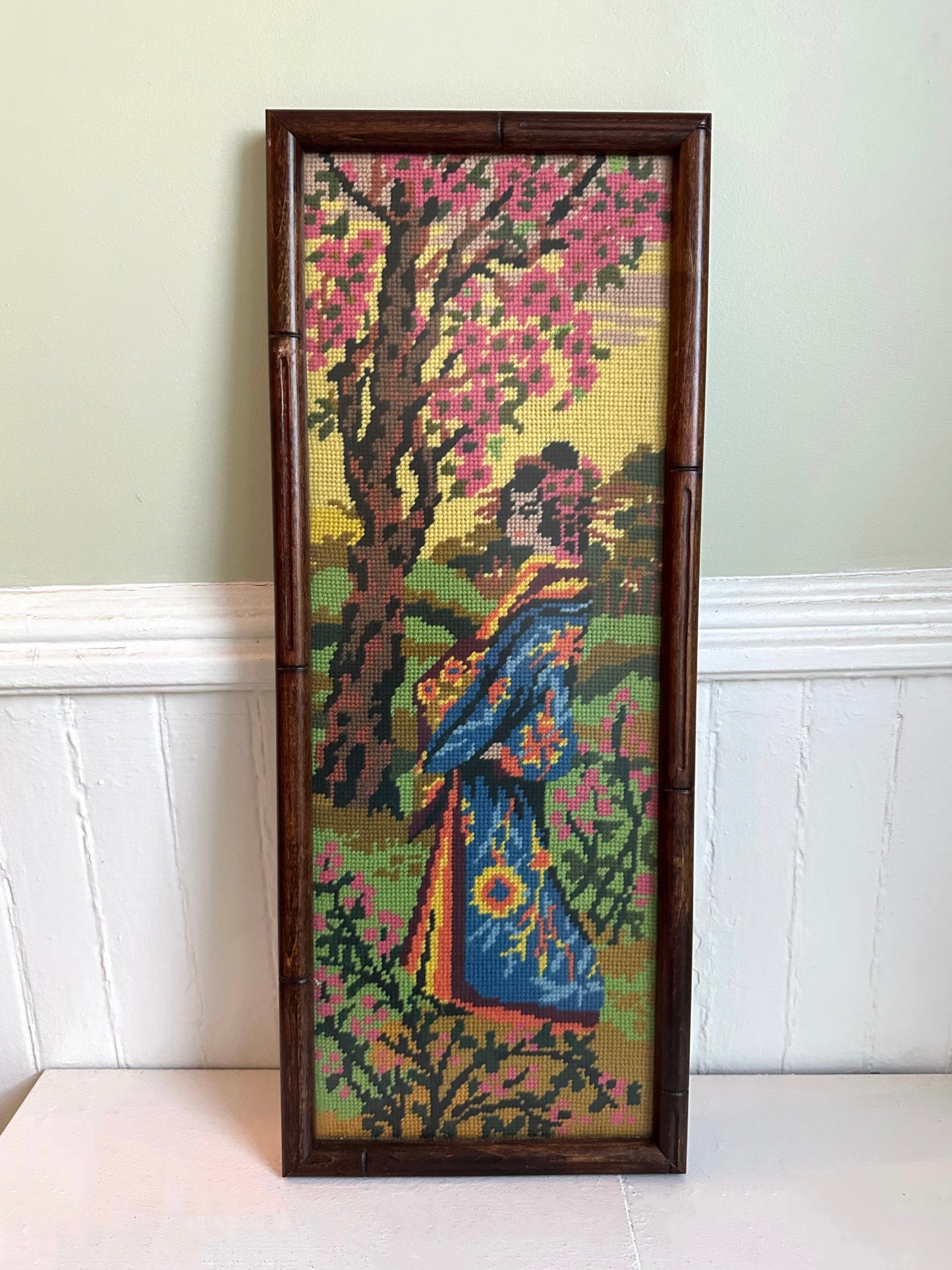 Vintage Japanese Geisha Under a Cherry Blossom Tree Framed Needlepoint