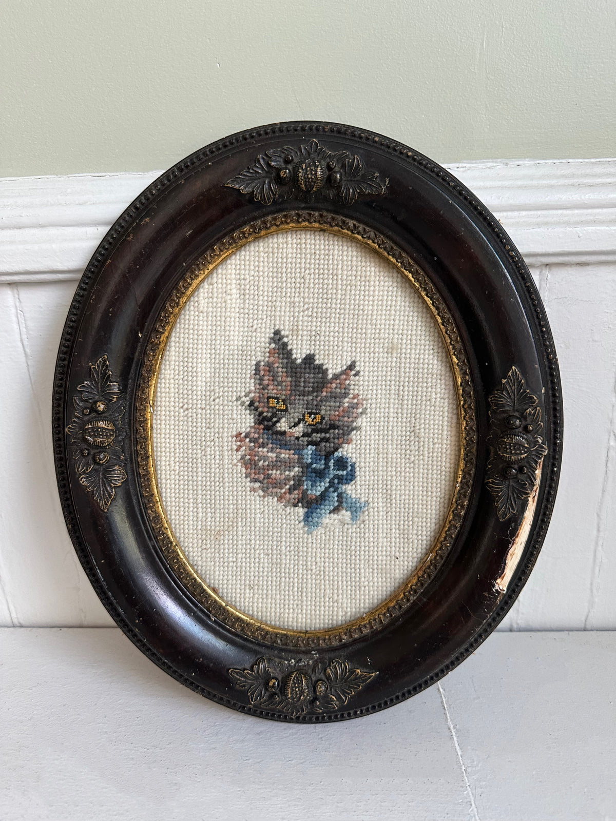 Vintage Cat with Blue Bow Framed Needlepoint