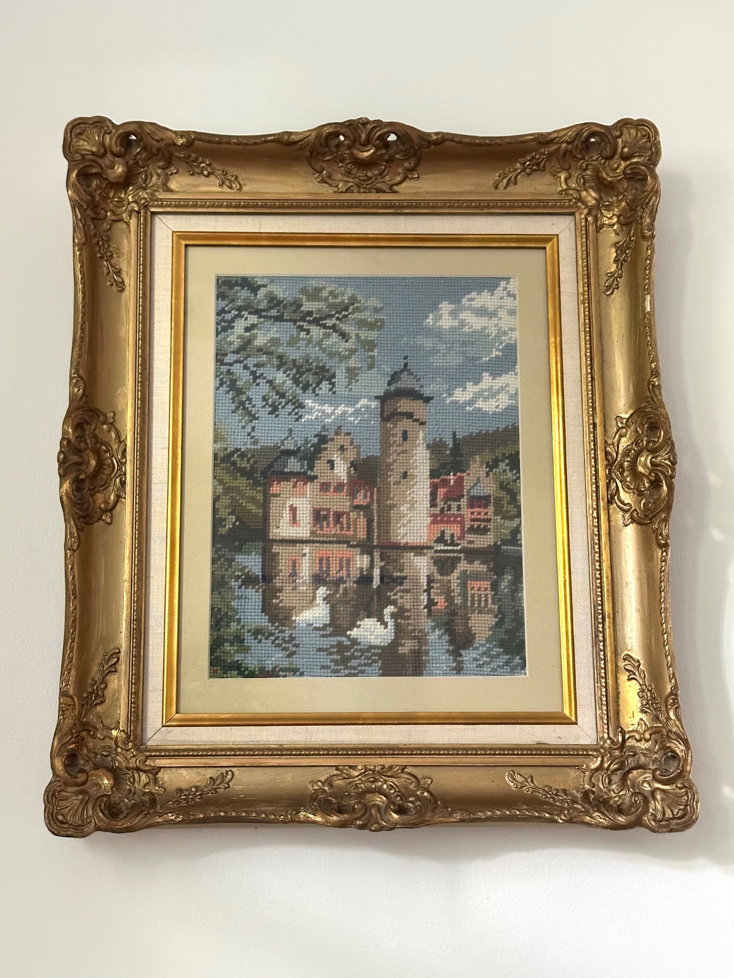 Vintage Swan Scene Ornate Framed Needlepoint