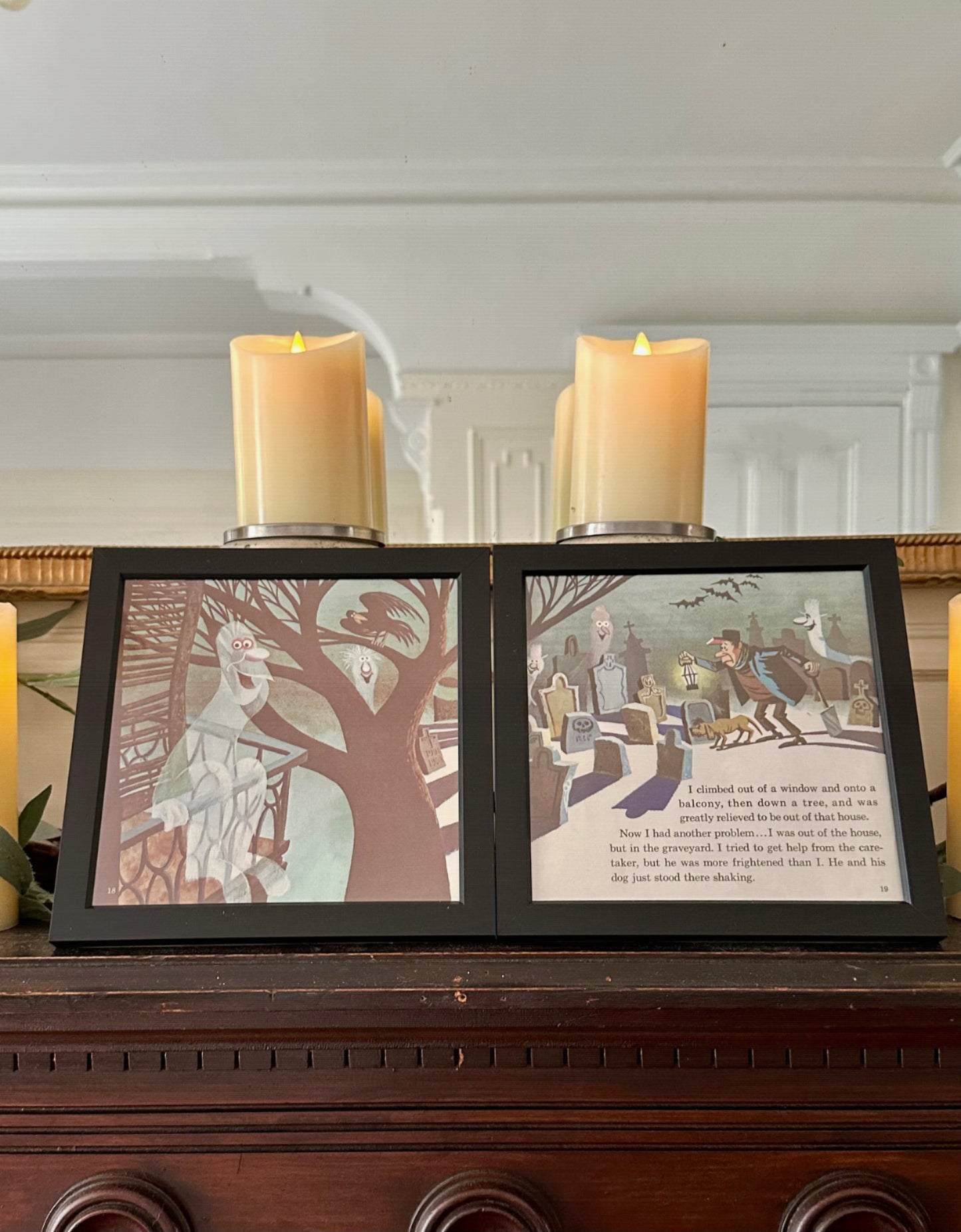 "The Haunted Mansion" Pair of Vintage Framed Book Pages "Graveyard Caretaker and Dog"