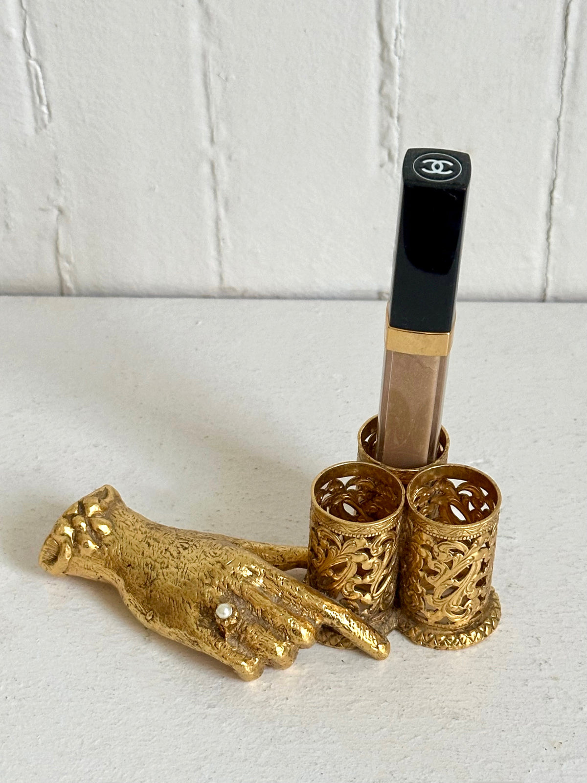 Vintage Brass Hand Lipstick Holder