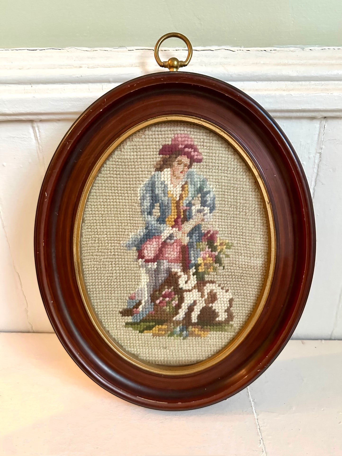 Vintage Victorian Man with Dog Framed Needlepoint