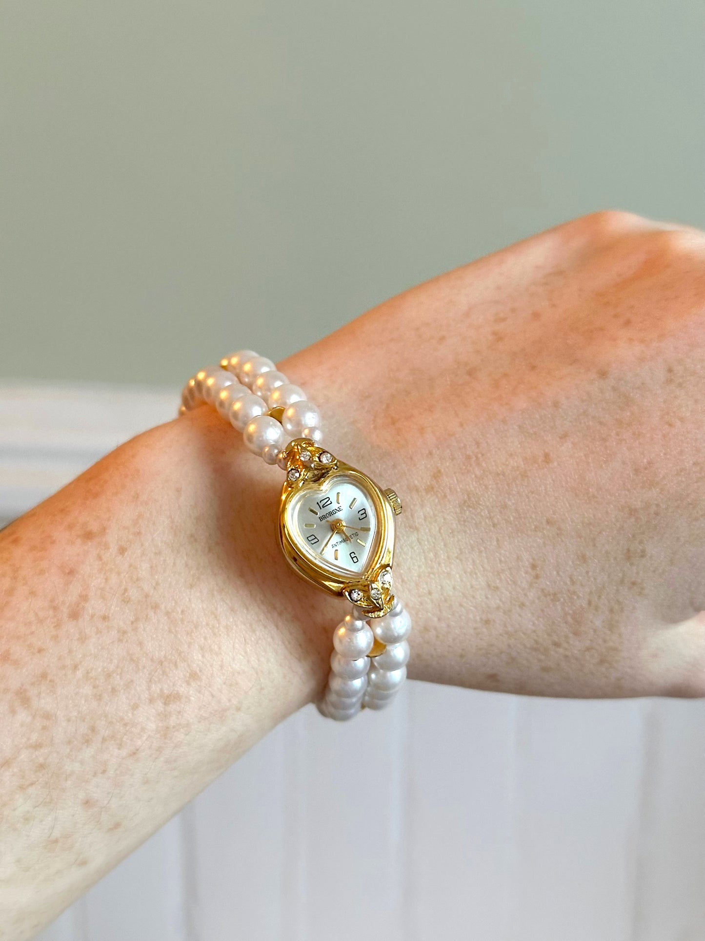 Vintage Gold Heart Watch with Double Strand Pearl Band