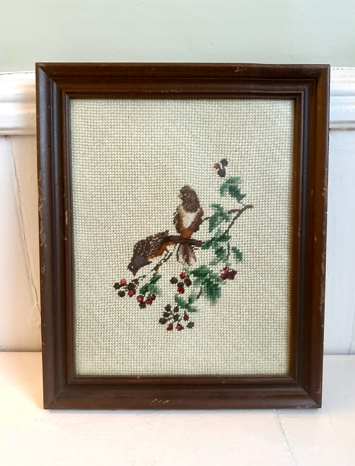 Vintage Perched Birds with Berries Framed Needlepoint