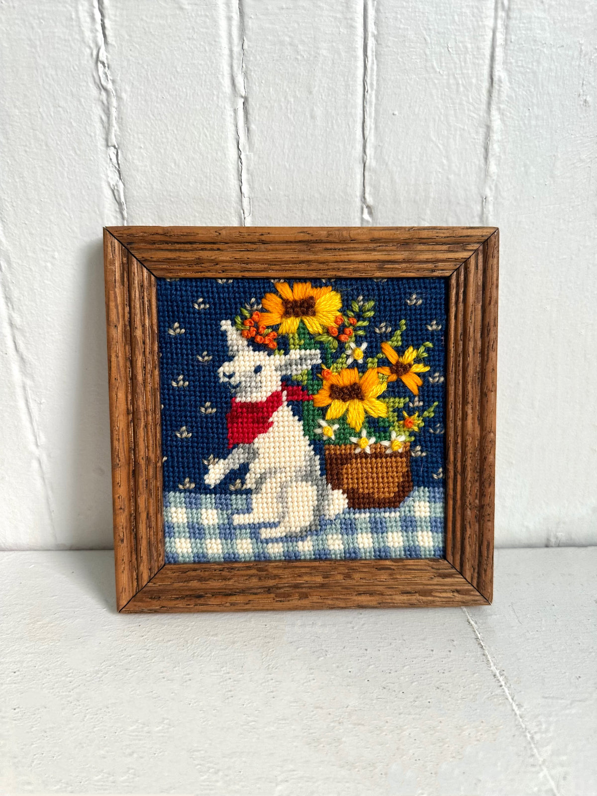 Vintage Bunny Rabbit with Sunflowers Framed Needlepoint