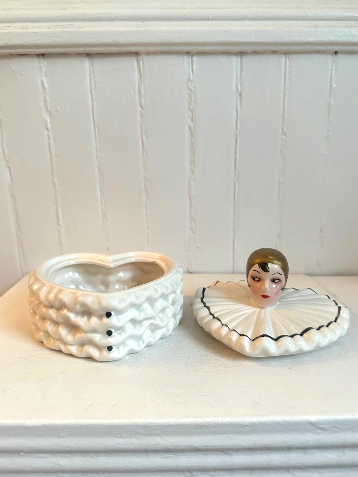 Vintage "MANN" Pierrette Clown Heart Shaped Ceramic Box