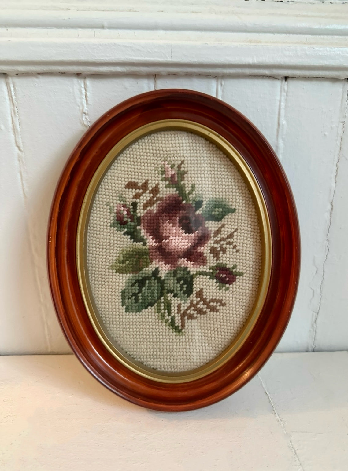 Vintage Oval Rose Framed Needlepoint