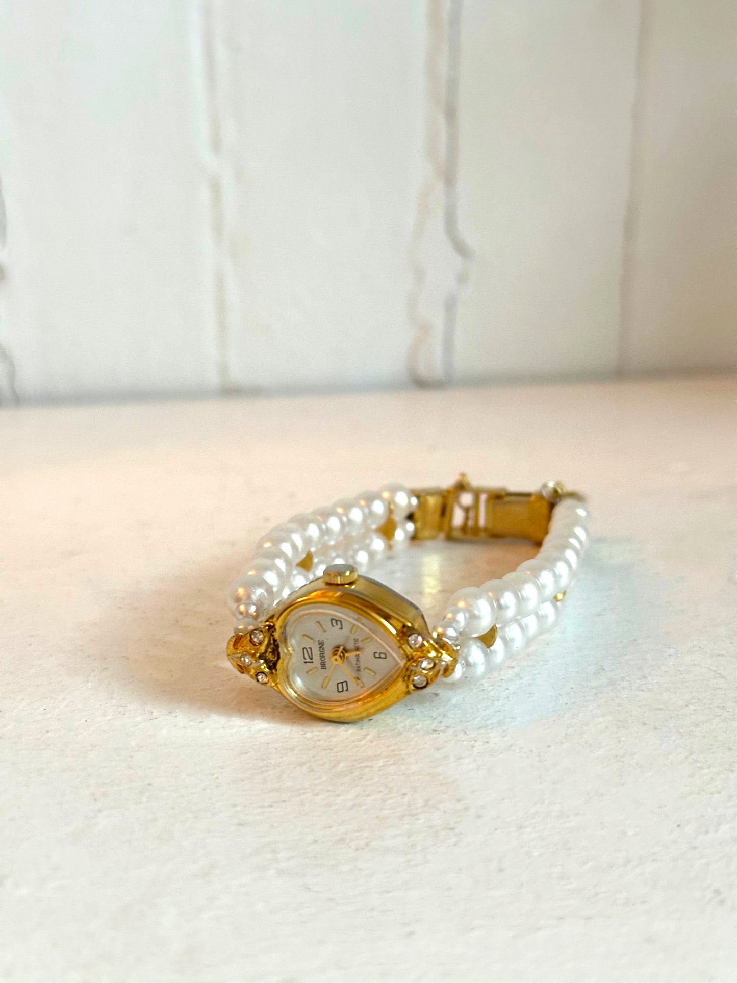 Vintage Gold Heart Watch with Double Strand Pearl Band