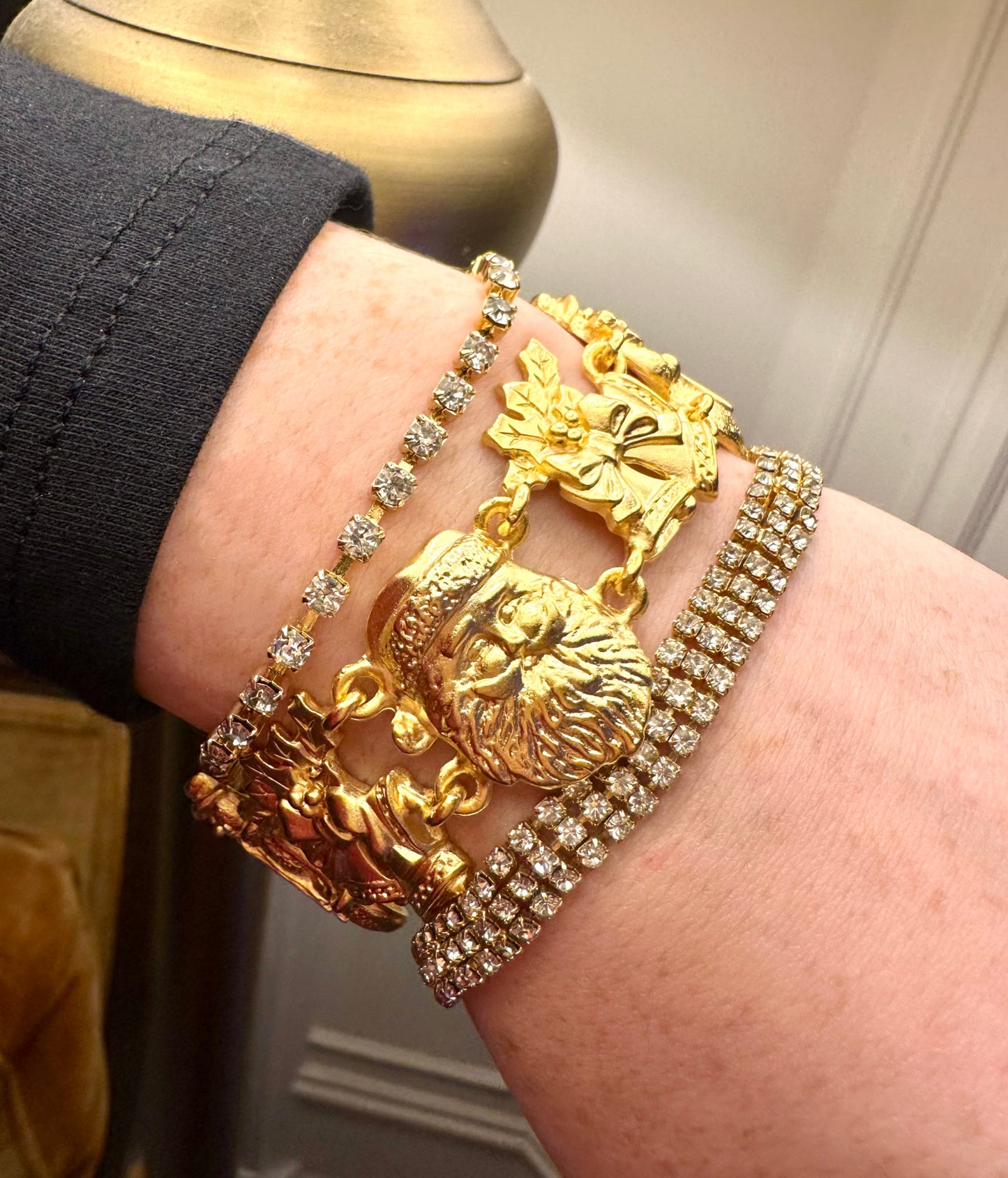 Vintage Gold Three Strand Tennis Bracelet with Clear Jewels