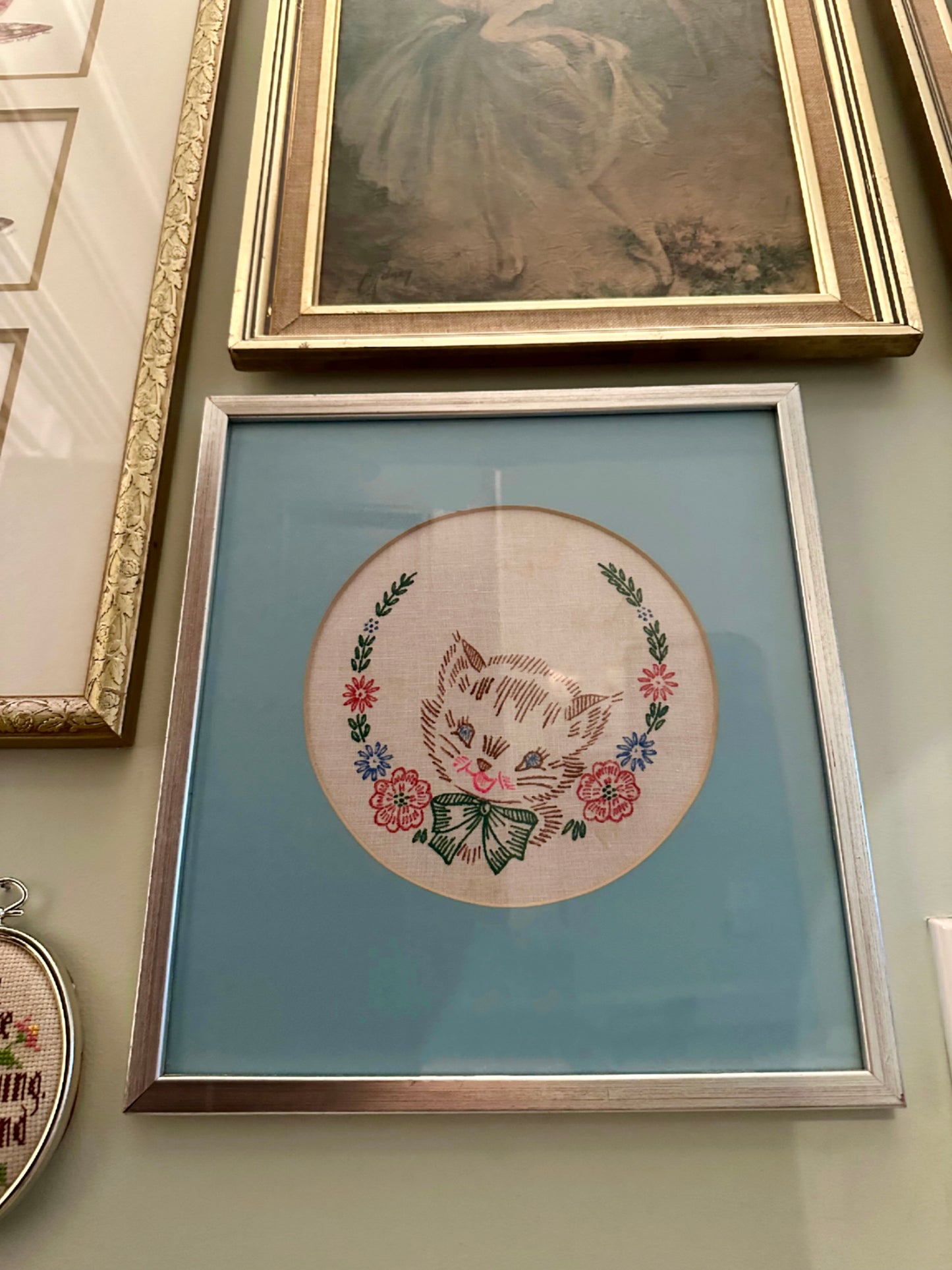 Vintage Kitten Embroidered Framed Needlepoint