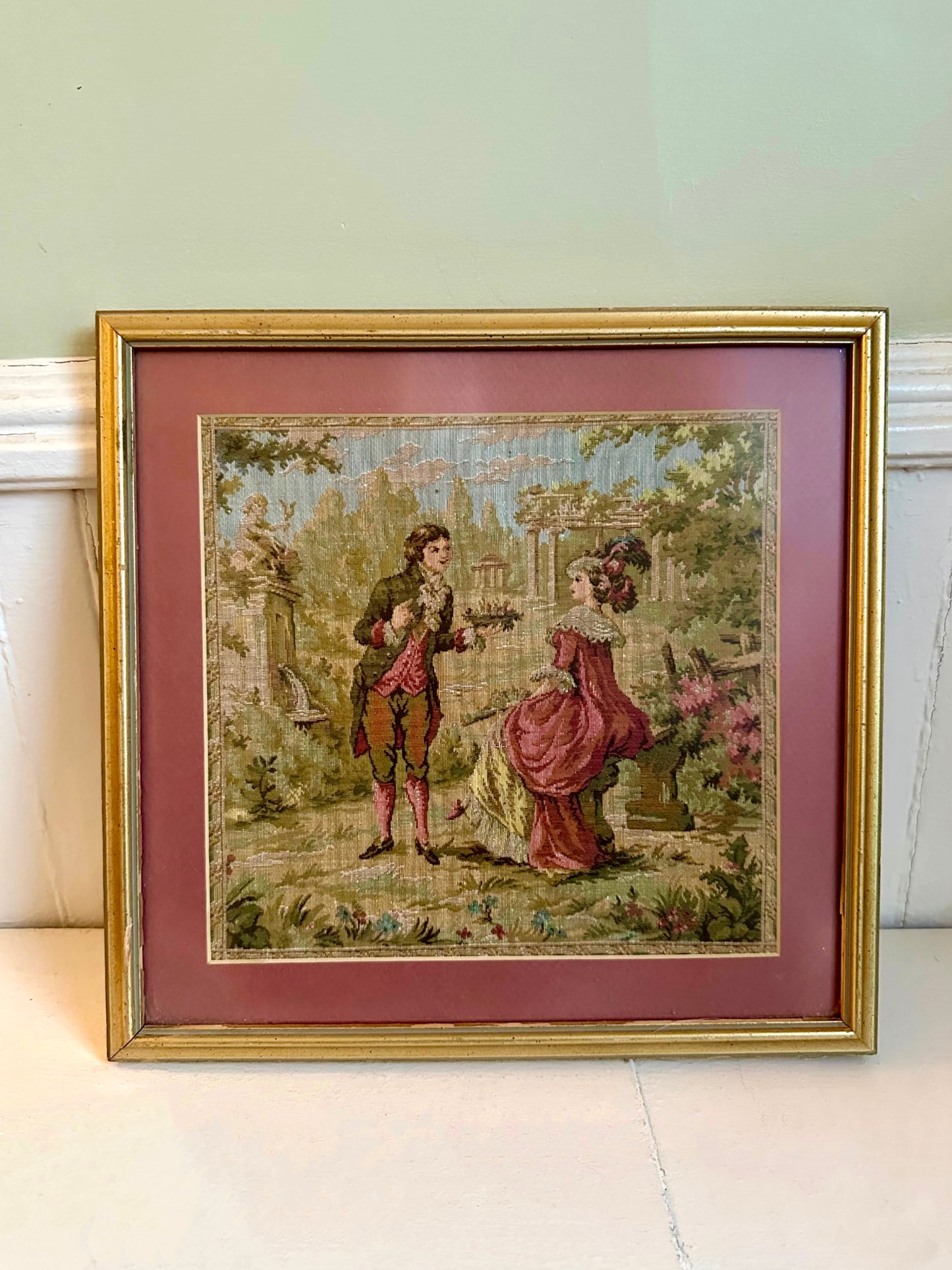 Vintage Courting Couple Framed Tapestry Needlepoint