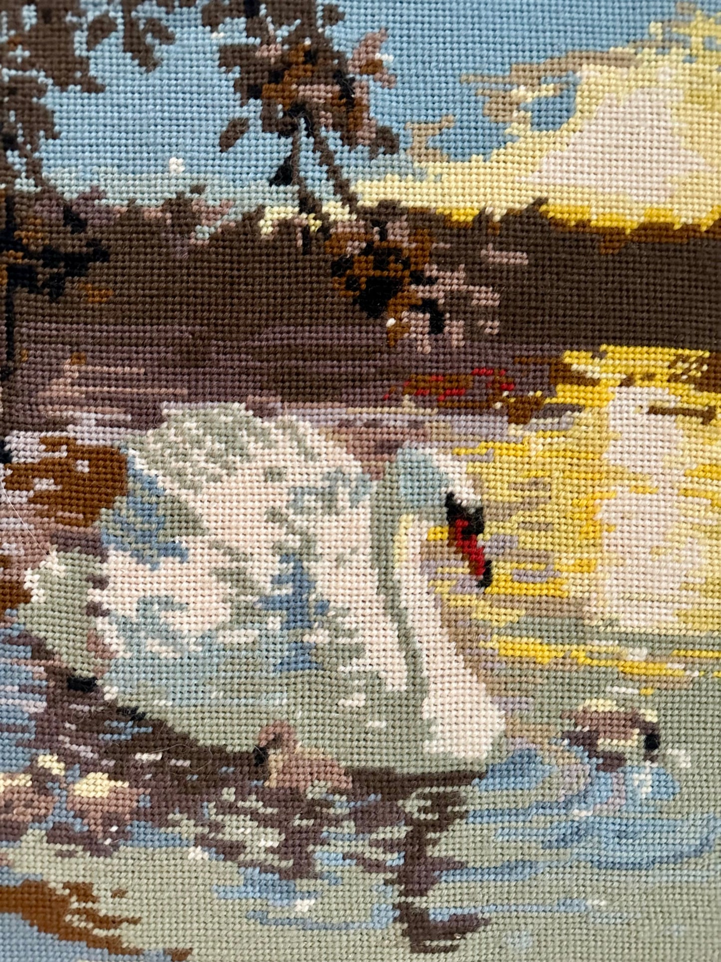 Vintage Swan Needlepoint in White Bamboo Frame