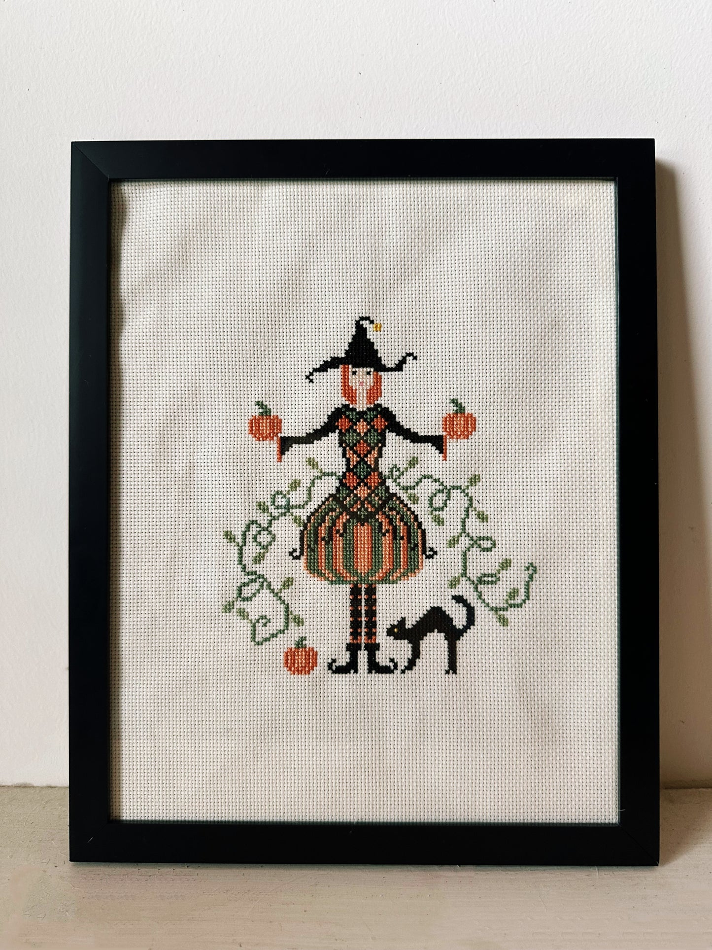 Vintage Halloween Witch with Black Cat Framed Needlepoint