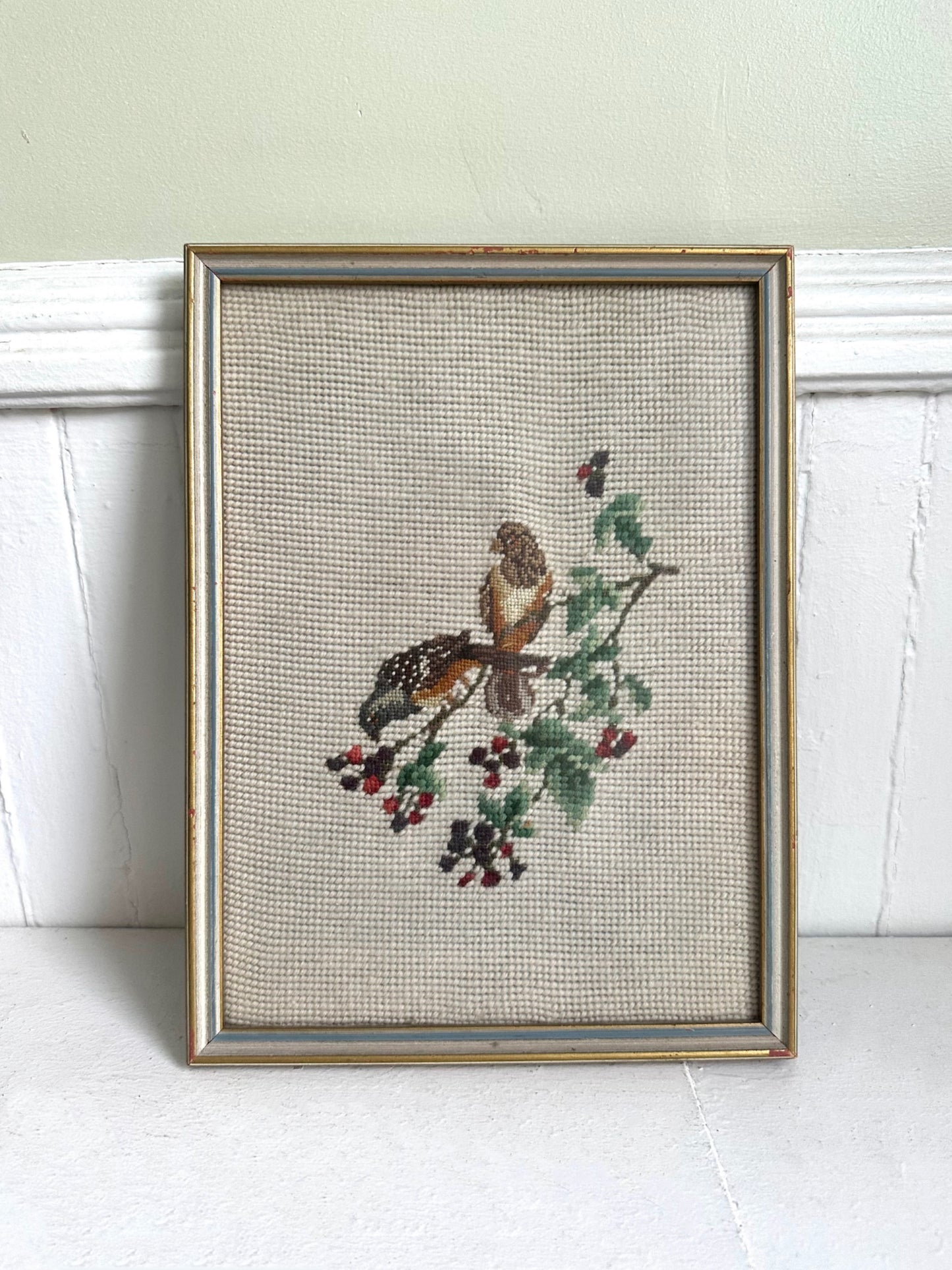 Vintage Birds on a Tree Branch Framed Needlepoint