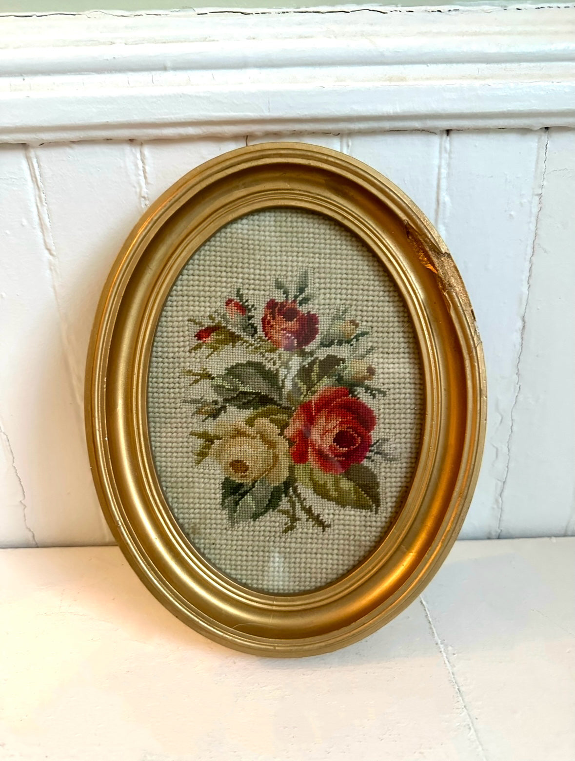 Vintage Rose Needlepoint in Oval Gold Frame