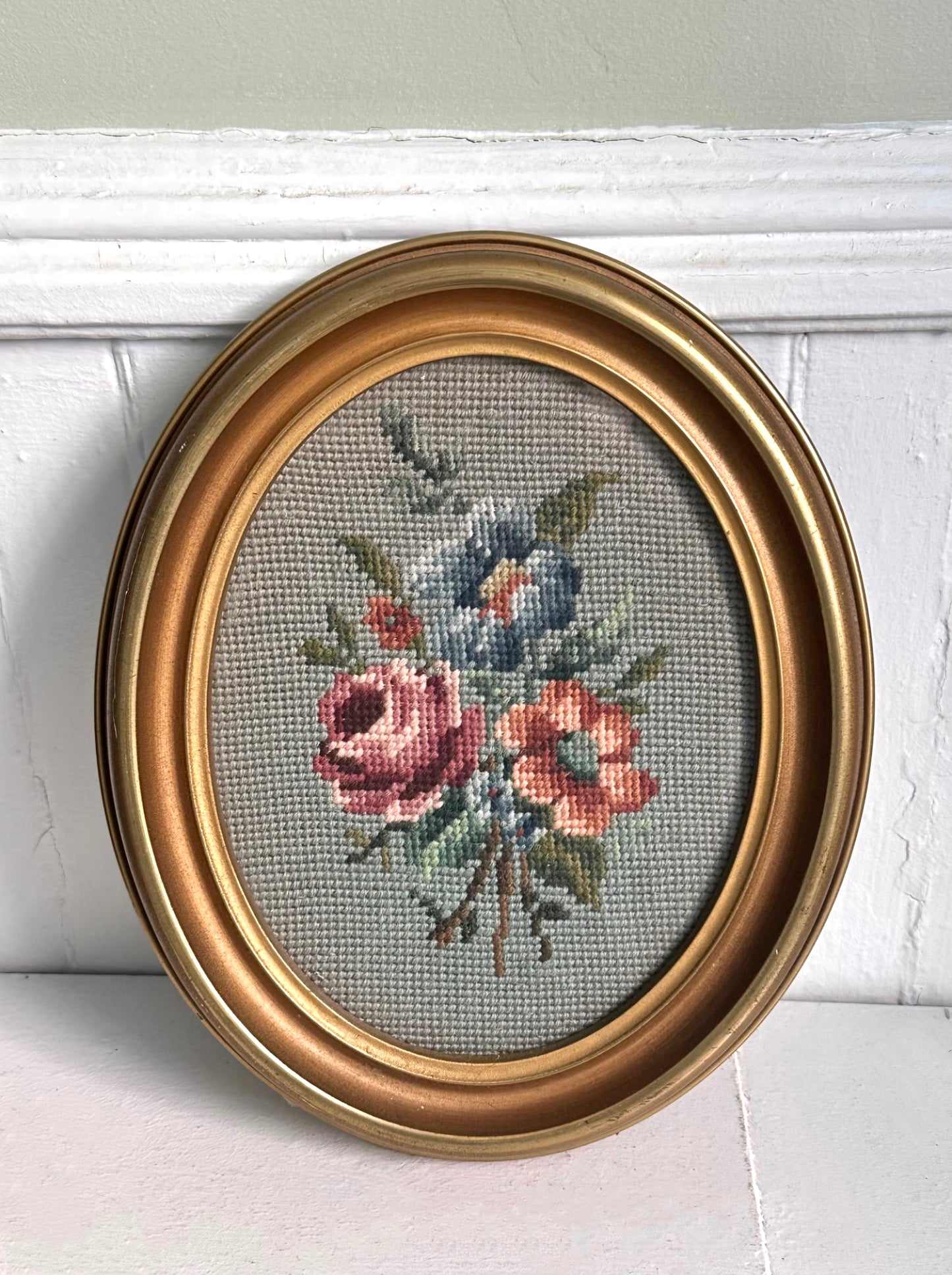 Vintage Floral Oval Framed Needlepoint