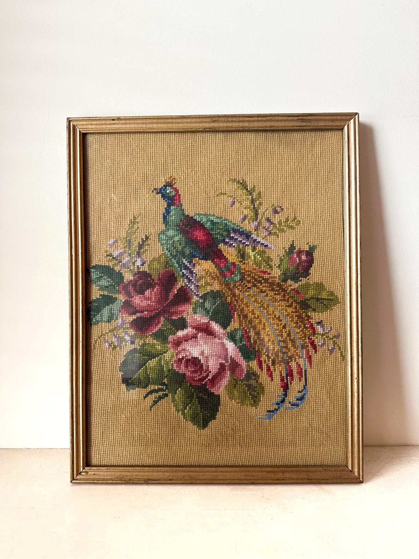 Vintage Victorian Pheasant with Roses Framed Needlepoint