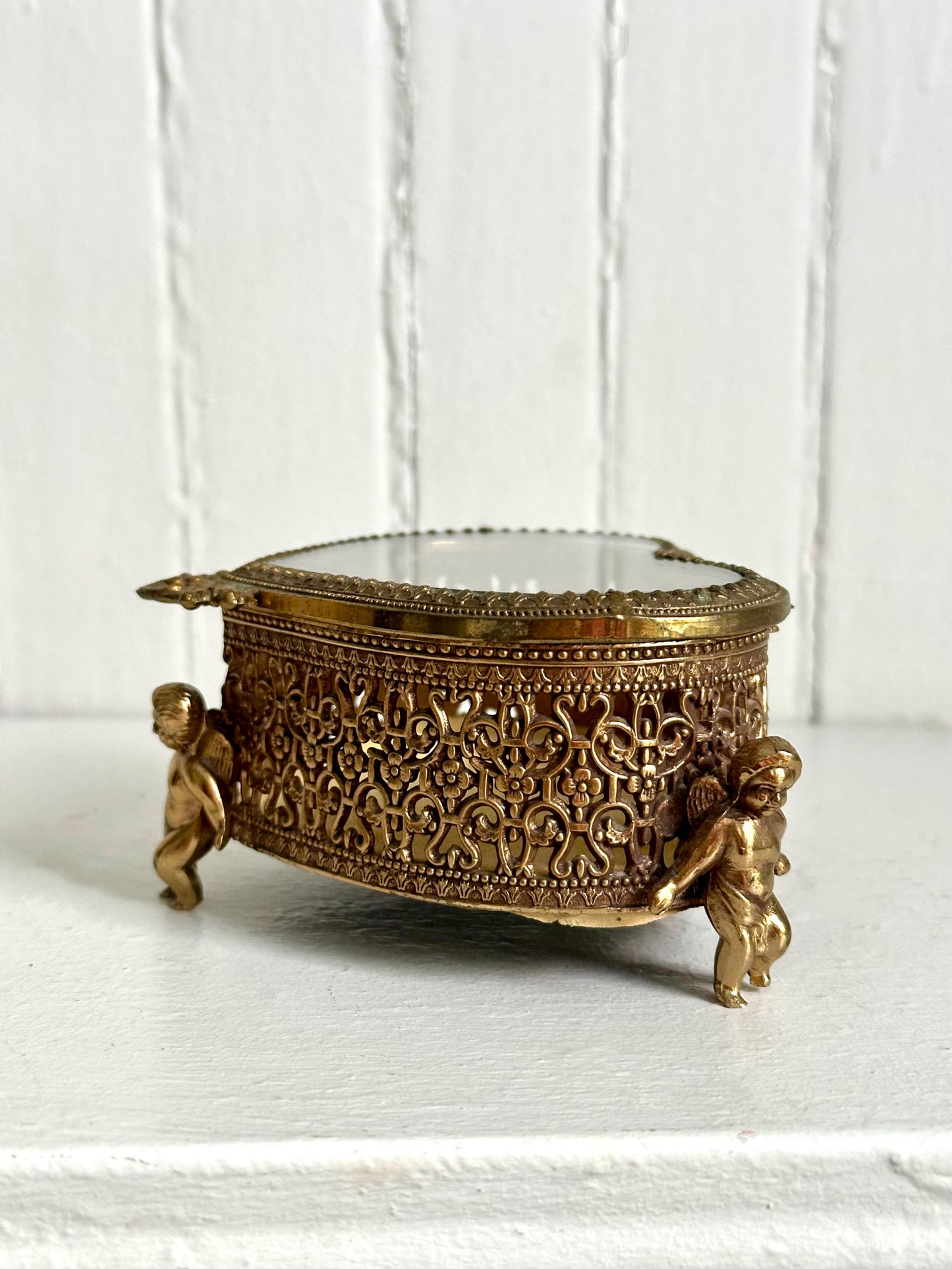 Vintage Gold Heart Trinket / Jewelry Box with Cherubs