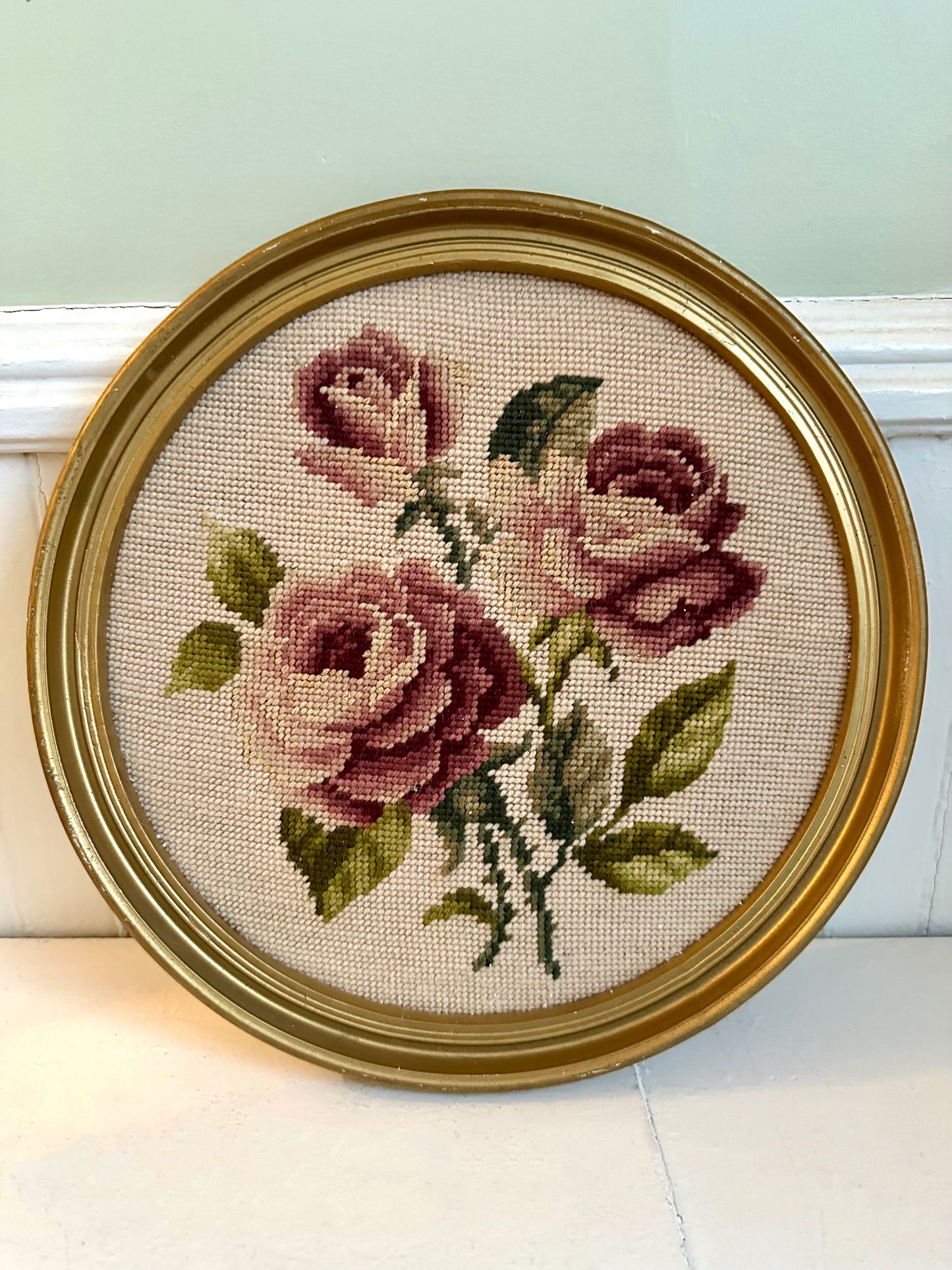 Vintage Rose Needlepoint in Gold Circular Frame